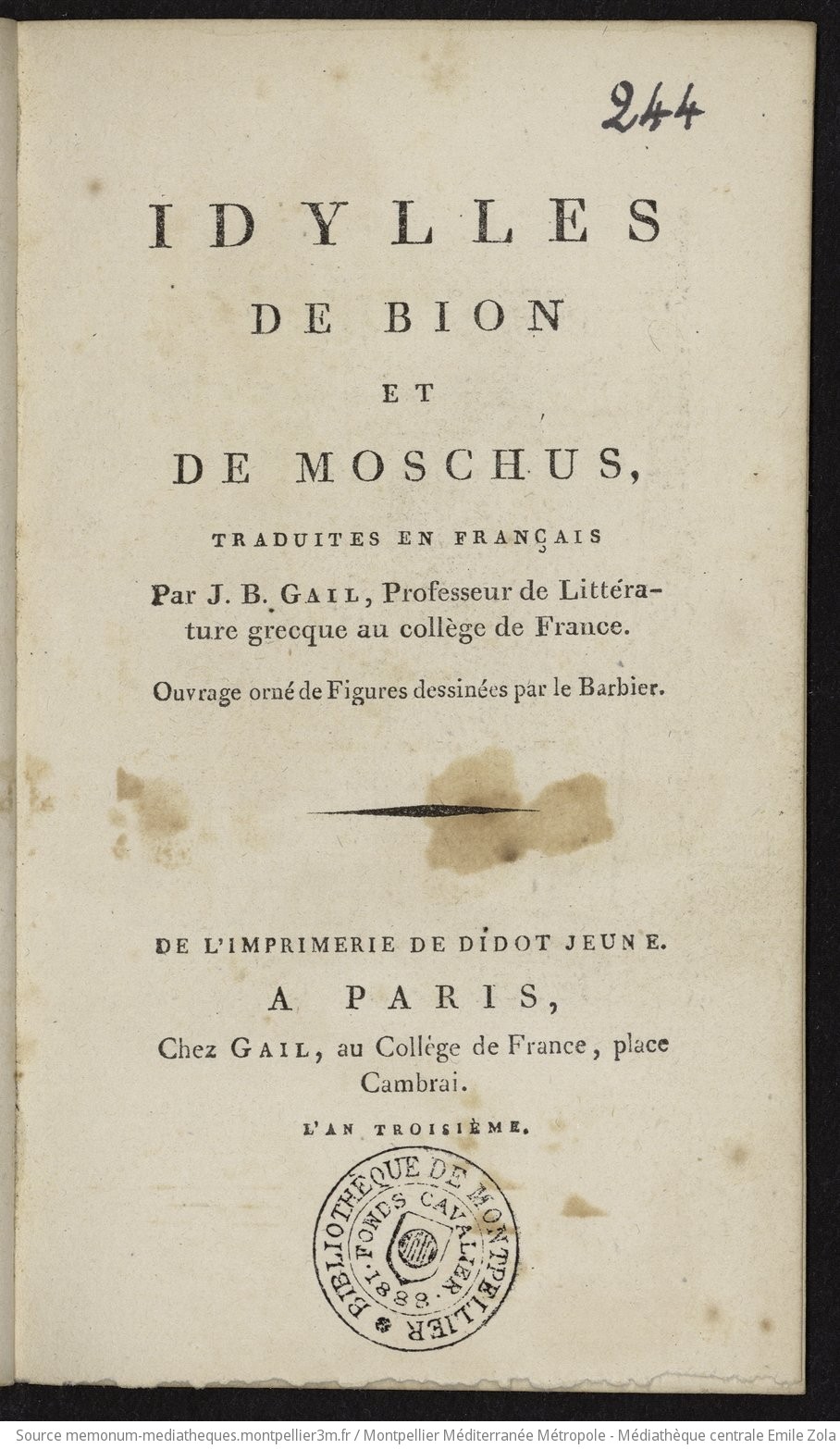 Idylles de Bion et de Moschus, traduites en franéais par J.-B. Gail, professeur de littérature grecque au collége de France. Ouvrage orné de Figures dessinées par le Barbier - vue 9 - page NP