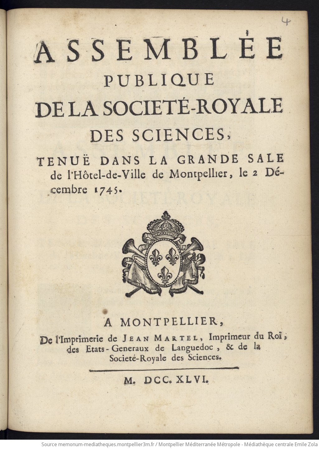 Assemblée publique de la Société Royale des Sciences tenue dans la grande sale de l'Hôtel de ville de Montpellier le 2 décembre 1745. - vue 1 - page NP