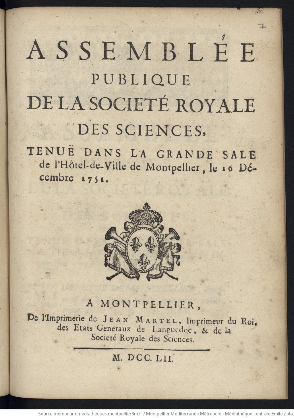 Assemblée publique de la Société Royale des Sciences tenue dans la grande sale de l'Hôtel de ville de Montpellier, le 16 décembre 1751. - vue 1 - page NP