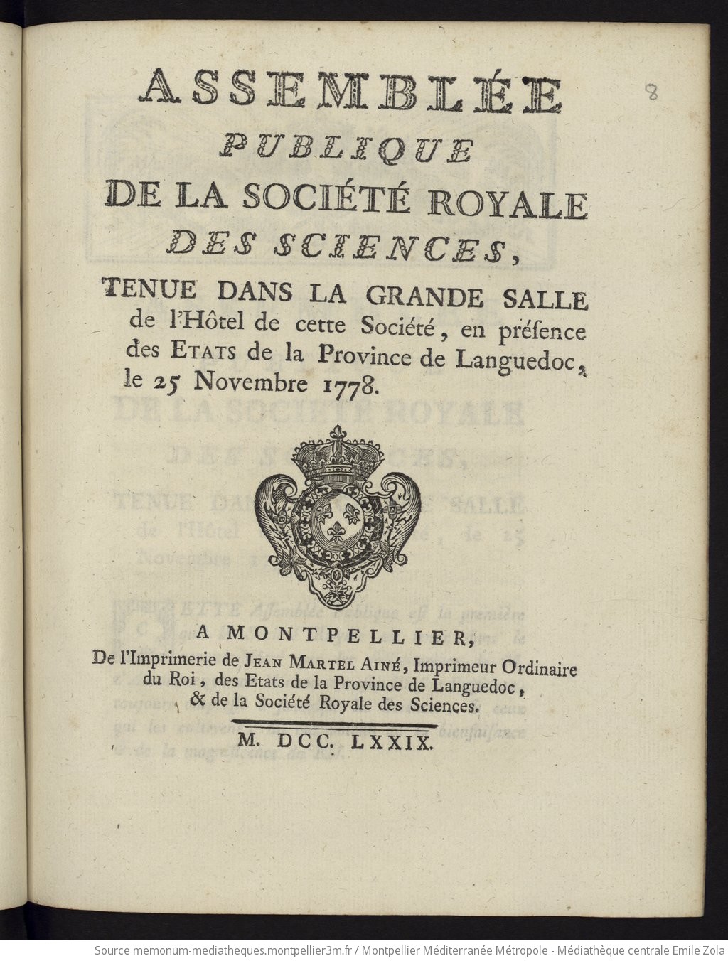 Assemblée publique de la Société Royale des Sciences, tenue dans la grande salle de l'Hôtel de cette Société..., le 25 novembre 1778 - vue 1 - page NP