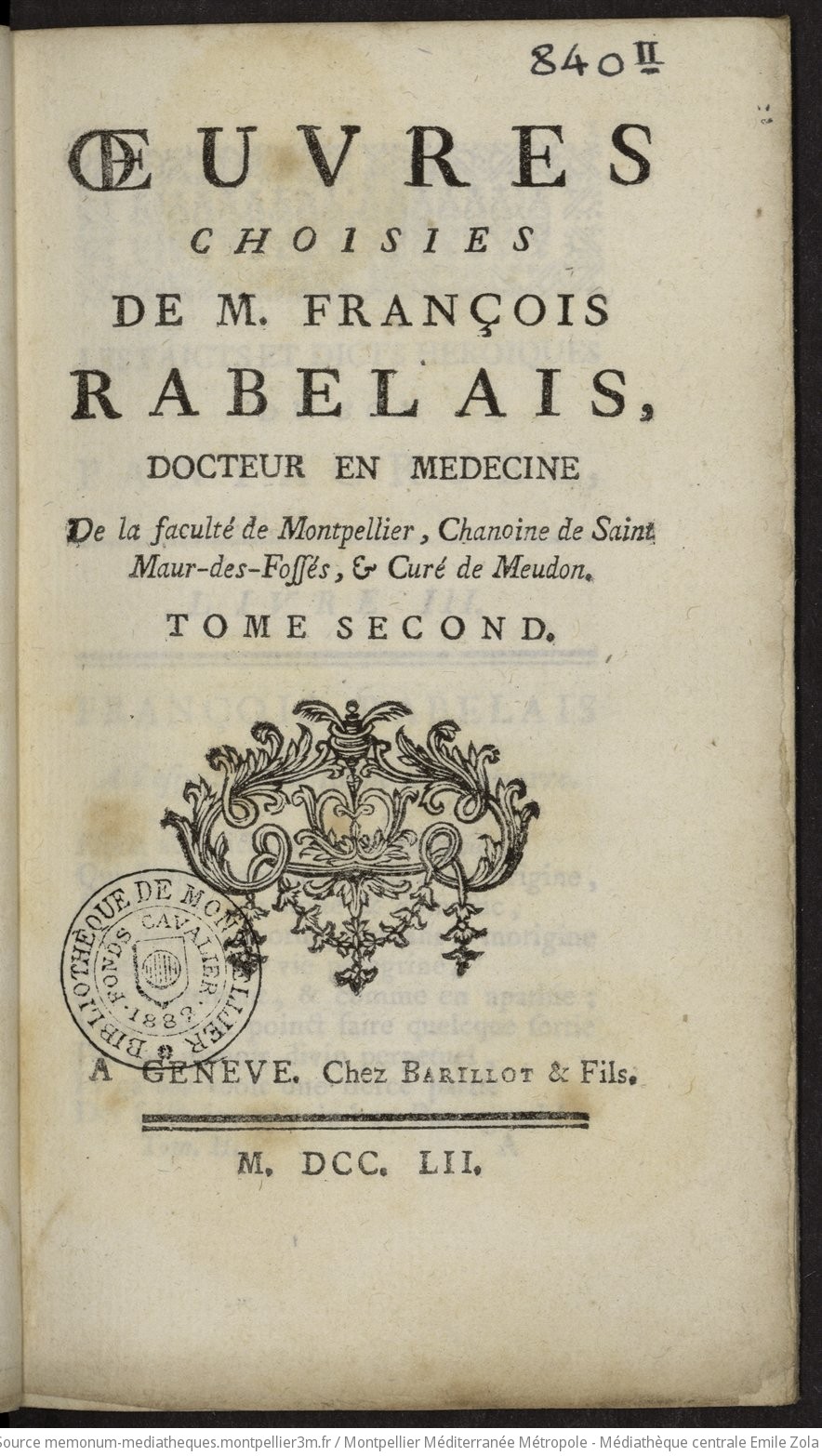 Oeuvres choisies de M. François Rabelais [publiées par l'abbé Gabriel Louis Calabre Pérau]. - vue 7 - page NP