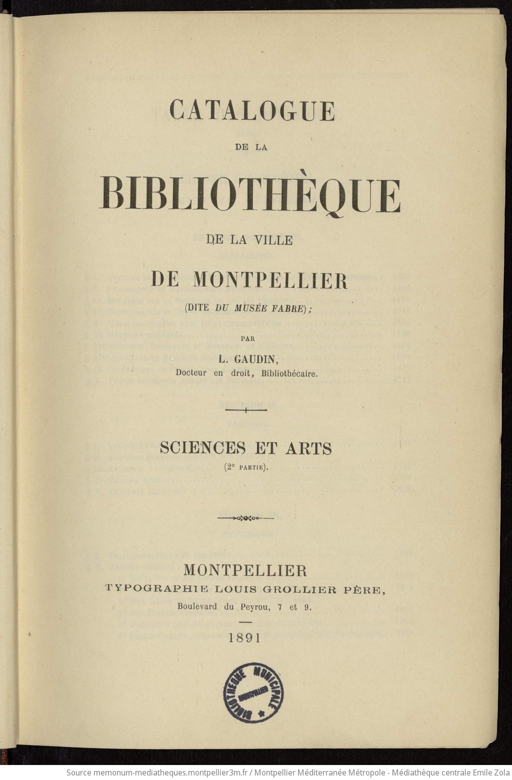 Catalogue de la Bibliothèque de la ville de Montpellier : sciences et arts (2ème partie). - vue 7 - page NP