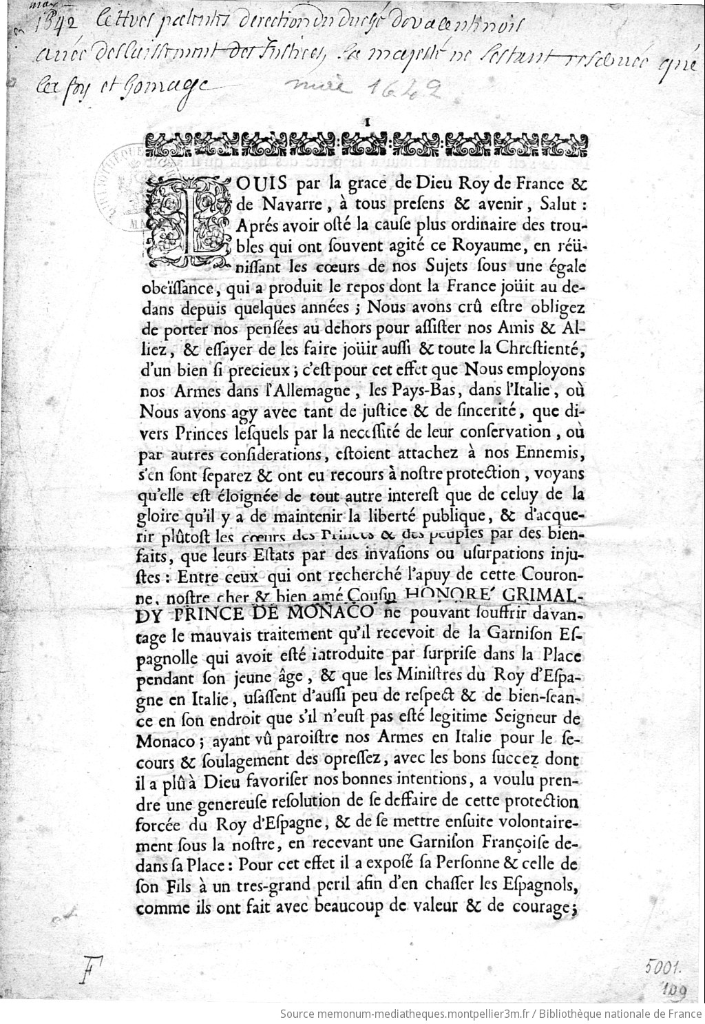 [Lettres d'érection du duché-pairie de Valentinois, en faveur d'Honoré Grimaldi, prince de Monaco.] - vue 1 - page NP