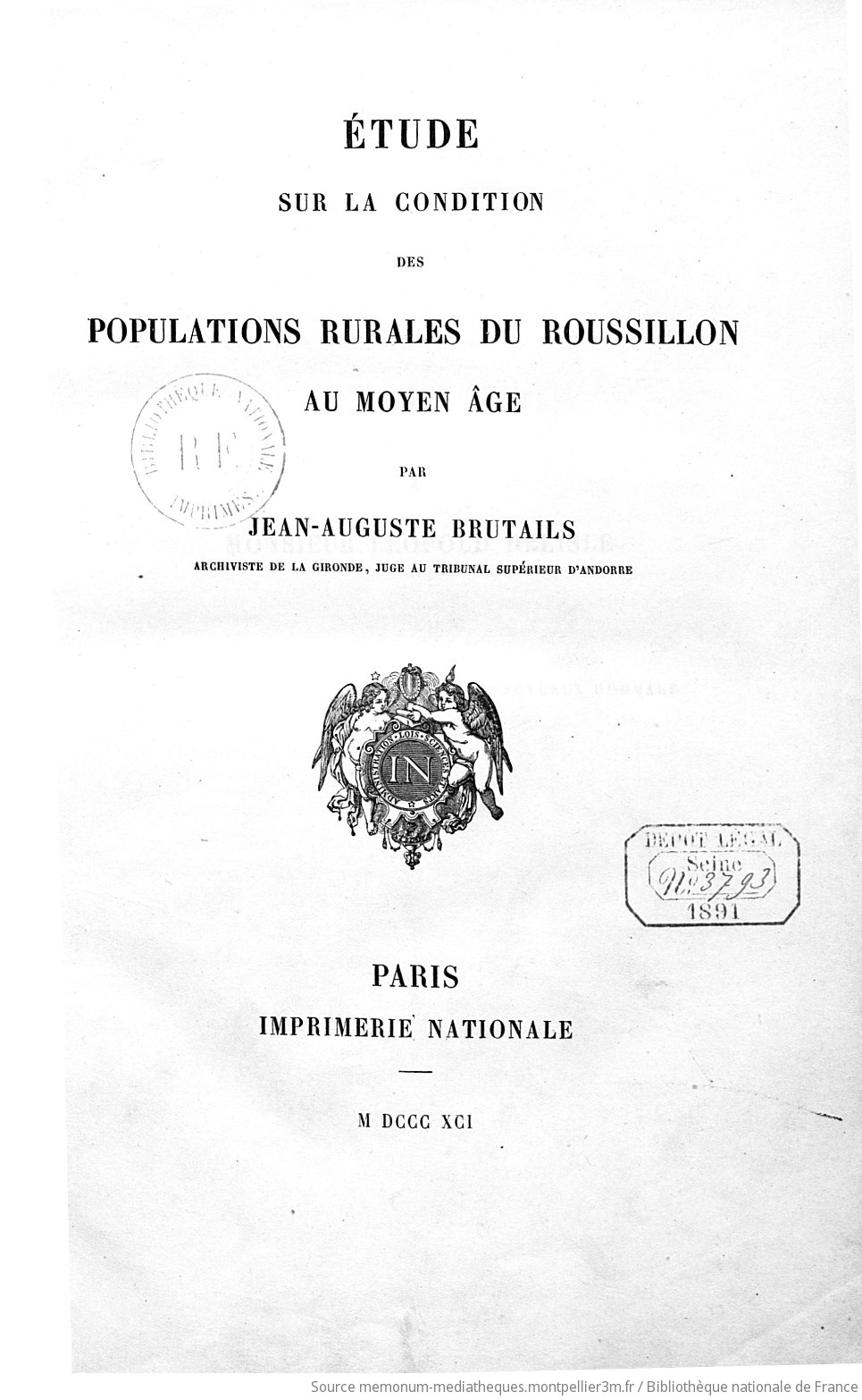 Etude sur la condition des populations rurales du Roussillon au moyen âge / par Jean-Auguste Brutails,... - vue 3 - page NP