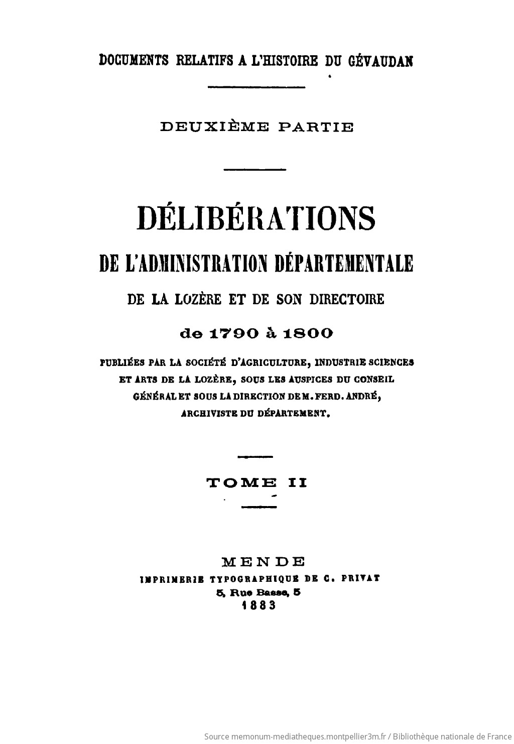Documents relatifs à l'histoire du Gévaudan. Délibérations 1883 (Tome 2) - vue 1 - page NP