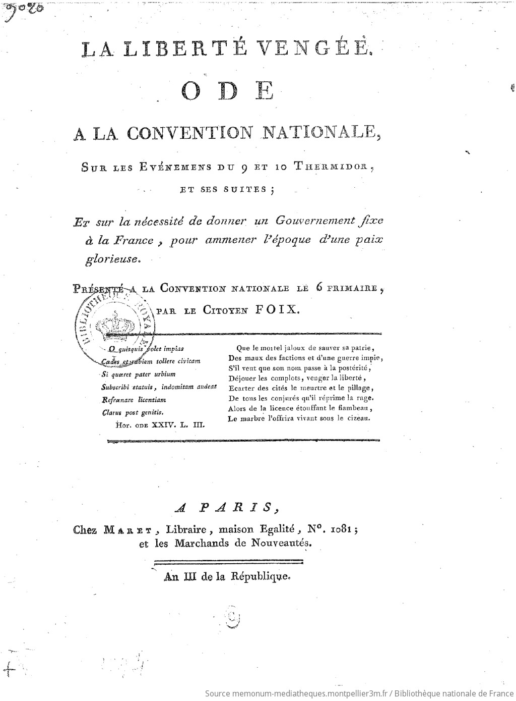 La liberté vengée, ode à la Convention nationale sur les événemens du 9 et 10 thermidor et ses suites ,... par le citoyen Foix - vue 2 - page NP