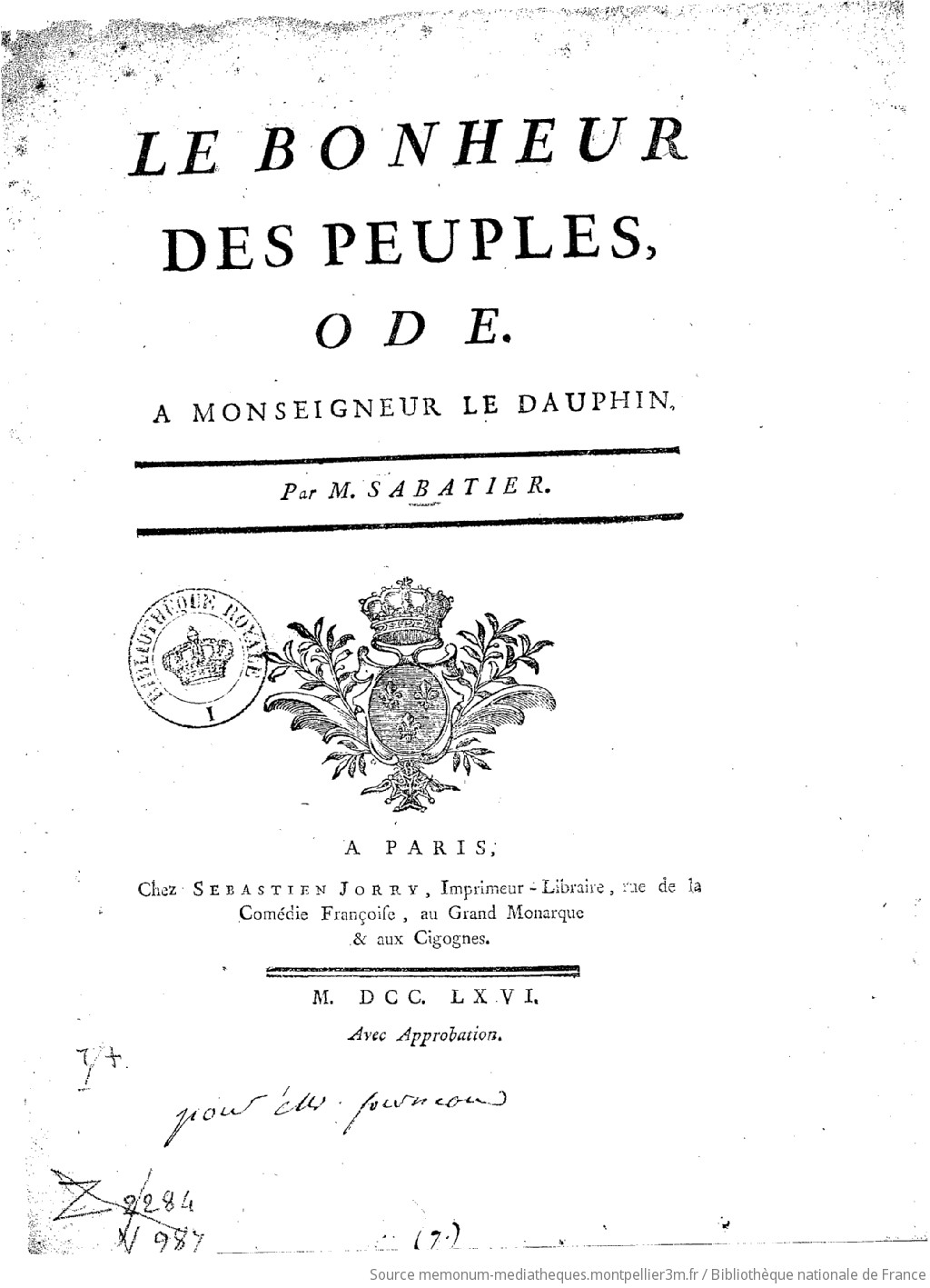 Le bonheur des peuples . Ode à Monseigneur le Dauphin, par M. Sabatier - vue 2 - page NP