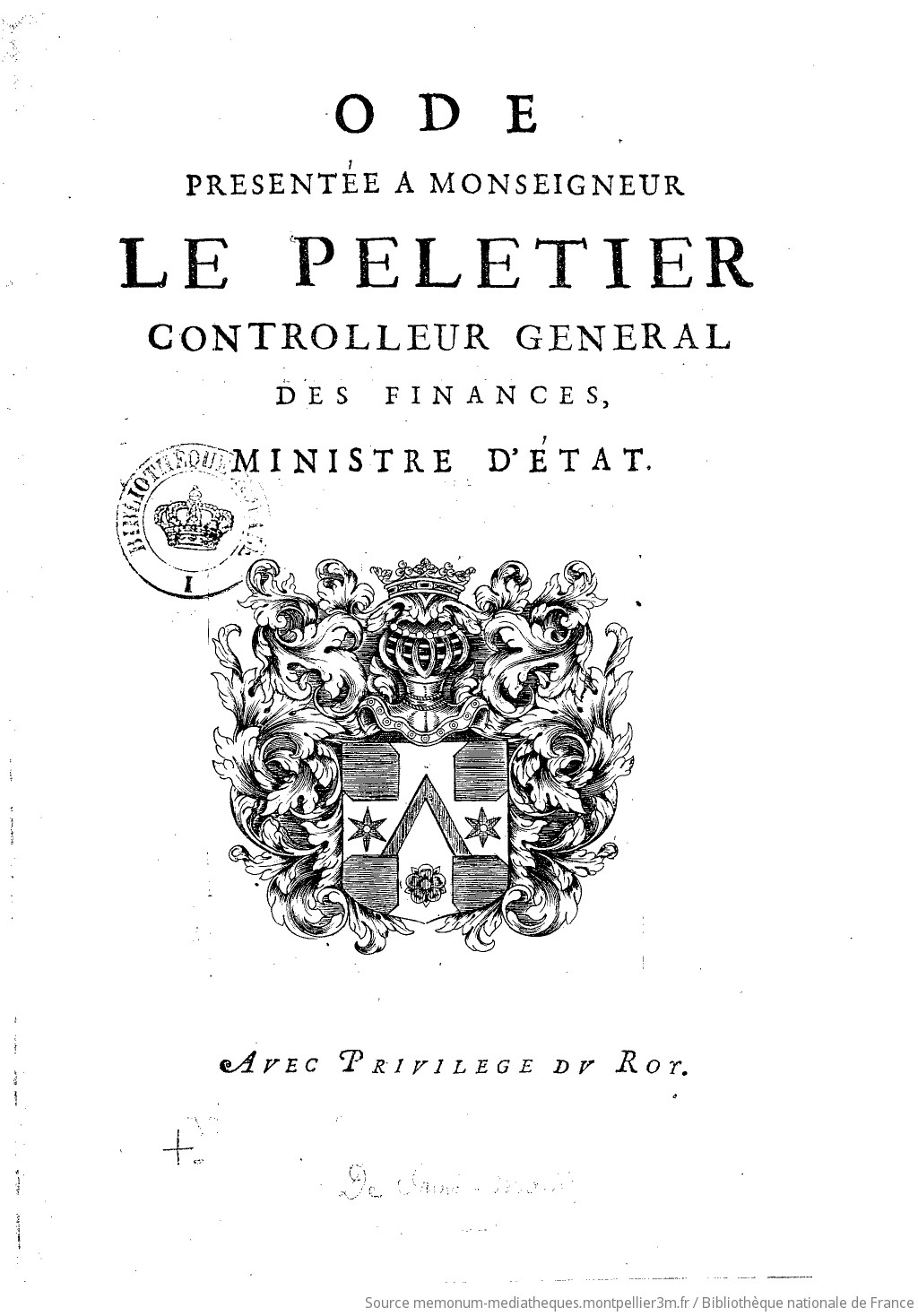 Ode présentée à Mgr. Le Peletier, controlleur général des finances, ministre d'État. [Signé : de Saint-Martin.] - vue 2 - page NP