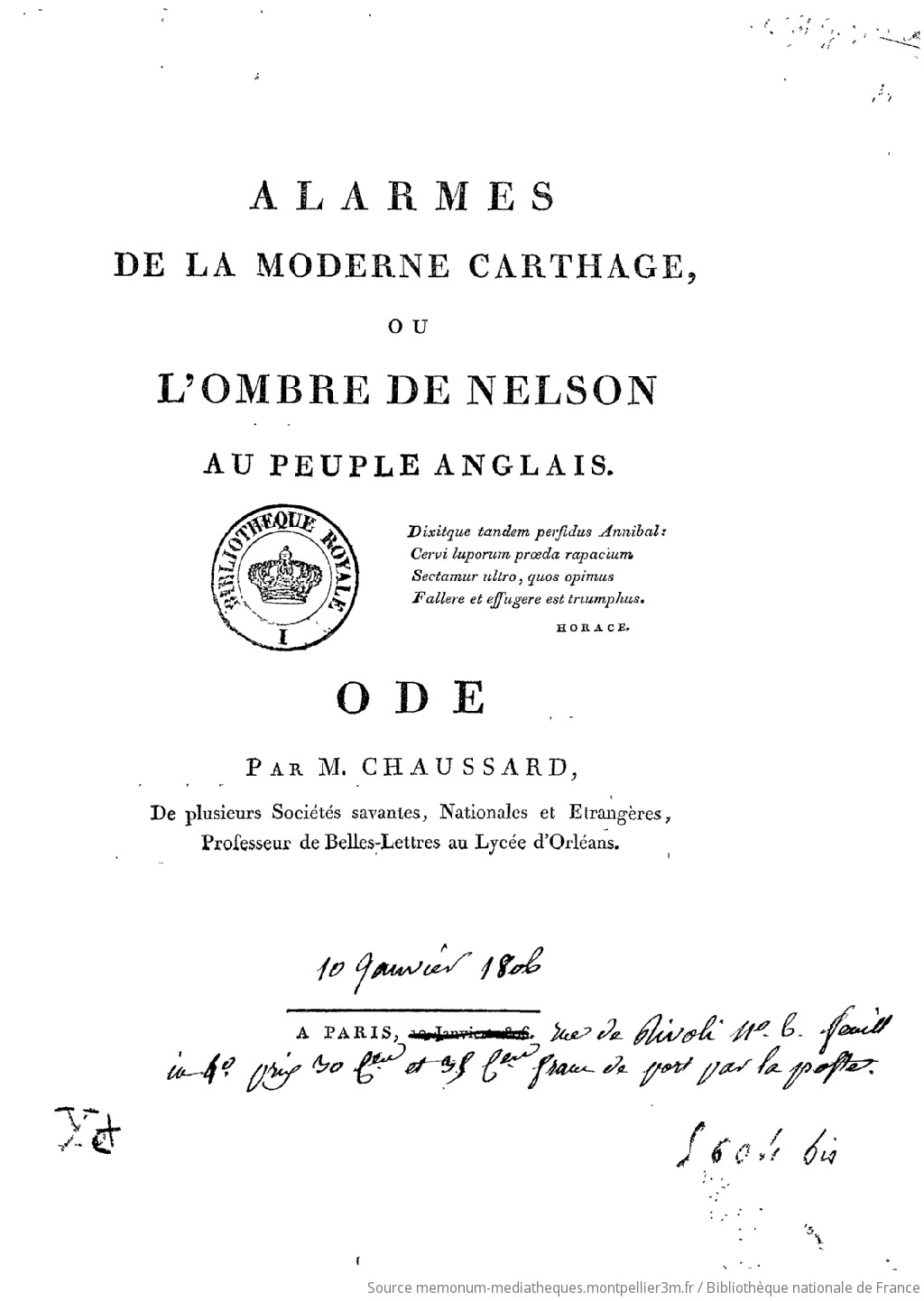 Alarmes de la moderne Carthage, ou L'ombre de Nelson au peuple anglais , ode, par M. Chaussard,... - vue 1 - page NP
