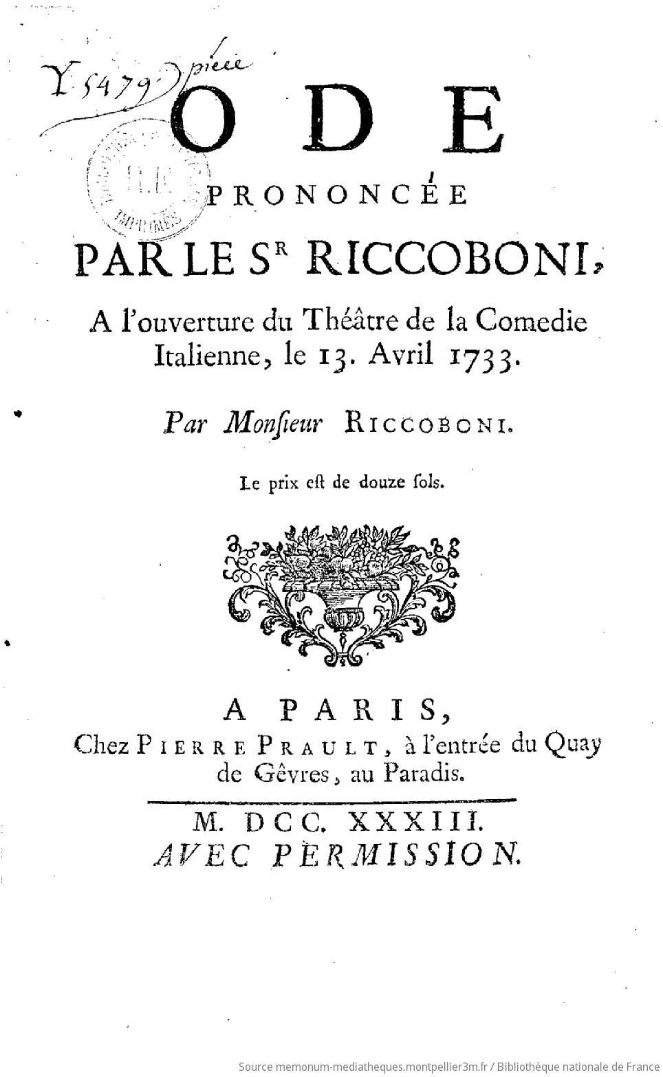 Ode prononcée par le Sr Riccoboni, à l'ouverture du Théâtre de la Comédie italienne, le 13 avril 1733, par Monsieur Riccoboni - vue 2 - page NP