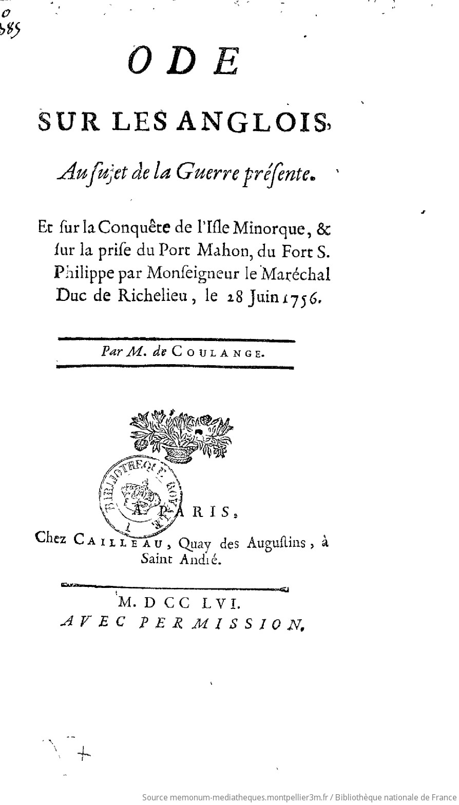 Ode sur les Anglais, au sujet de la guerre présente, et sur la conquête de l'isle Minorque, et sur la prise du Port-Mahon, du Fort S. Philippe par Mgr le maréchal duc de Richelieu, le 28 juin 1756, par M. de Coulange - vue 2 - page NP