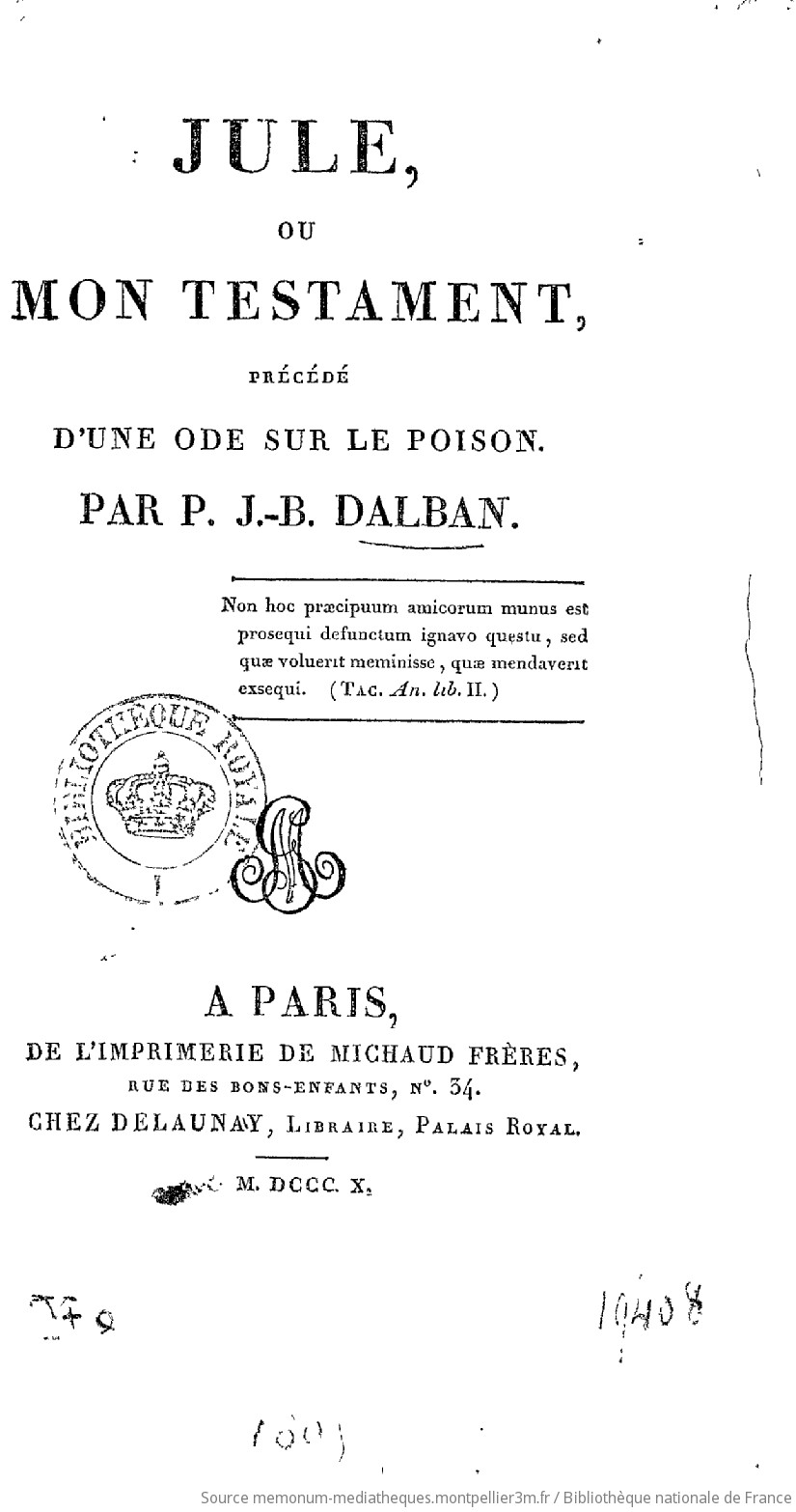 Jule, ou Mon testament, précédé d'une ode sur le poison, par P.-J.-B. Dalban - vue 2 - page NP