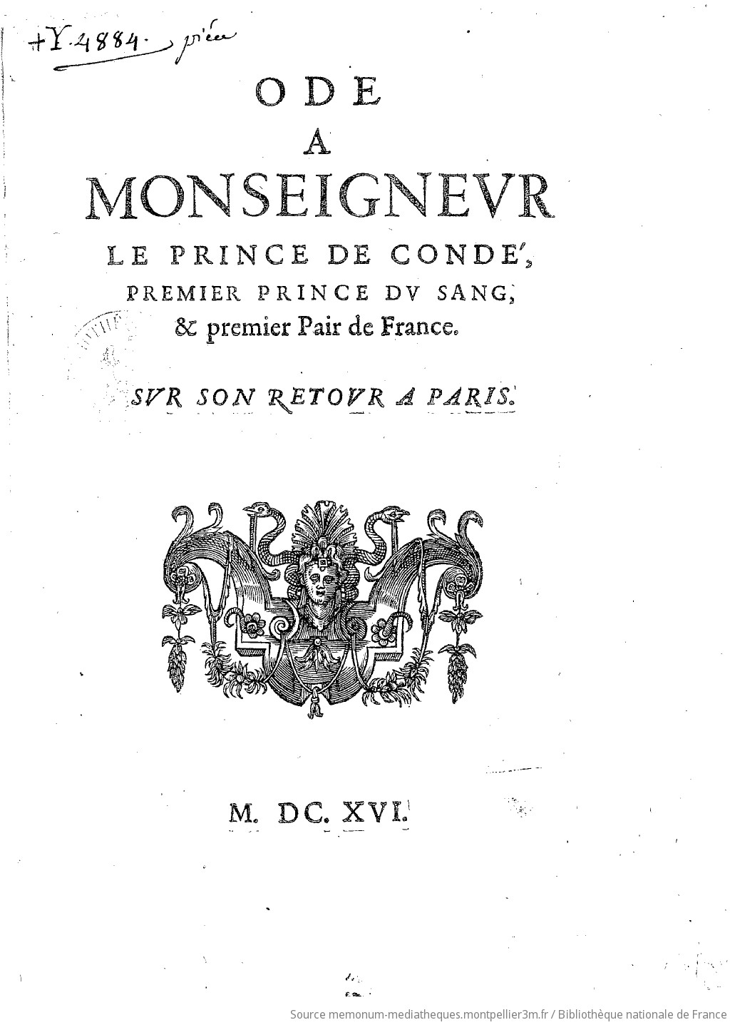 Ode à Monseigneur le prince de Condé , premier prince du sang, & premier pair de France. Sur son retour à Paris - vue 2 - page NP