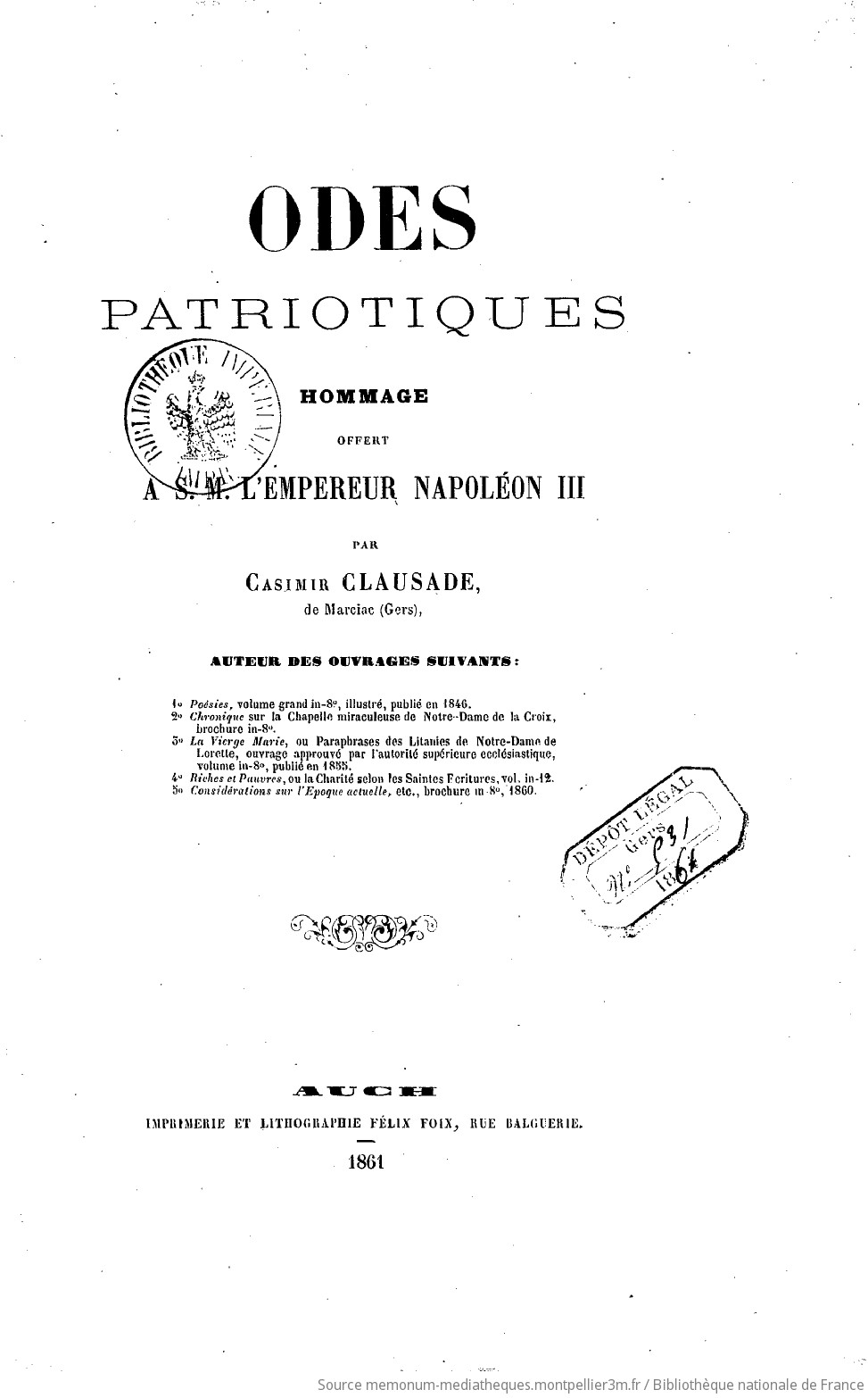 Odes patriotiques : hommage offert à S. M. l'Empereur Napoléon III / par Casimir Clausade,... - vue 8 - page NP
