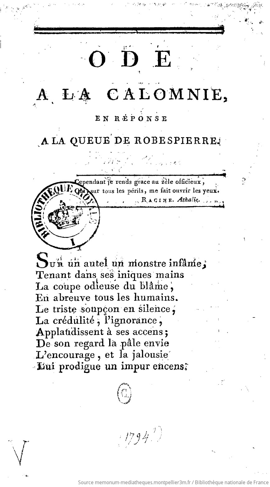 Ode à la calomnie , en réponse à la queue de Robespierre - vue 2 - page 1