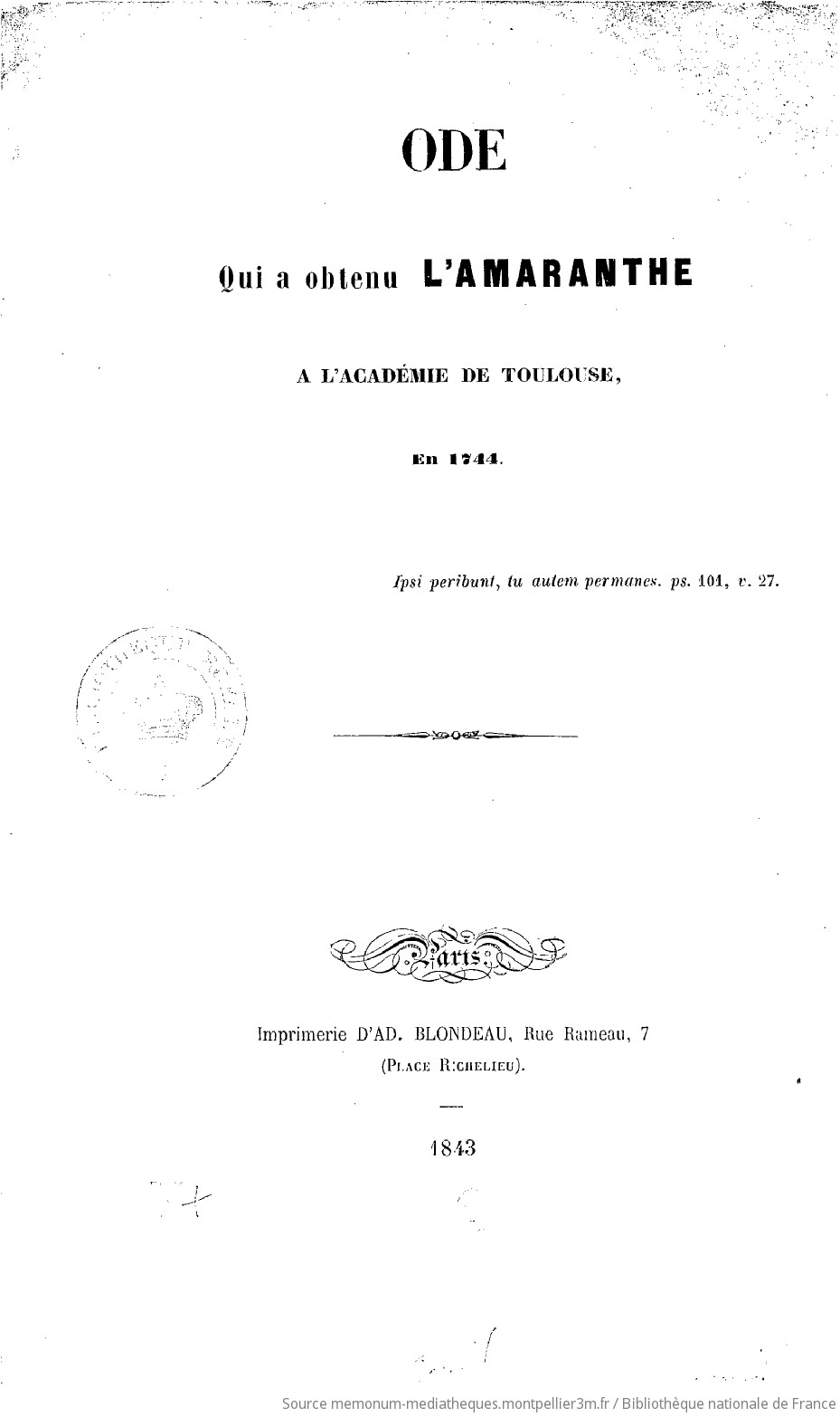 Ode qui a obtenu l'amaranthe à l'Académie de Toulouse en 1744 - vue 2 - page NP