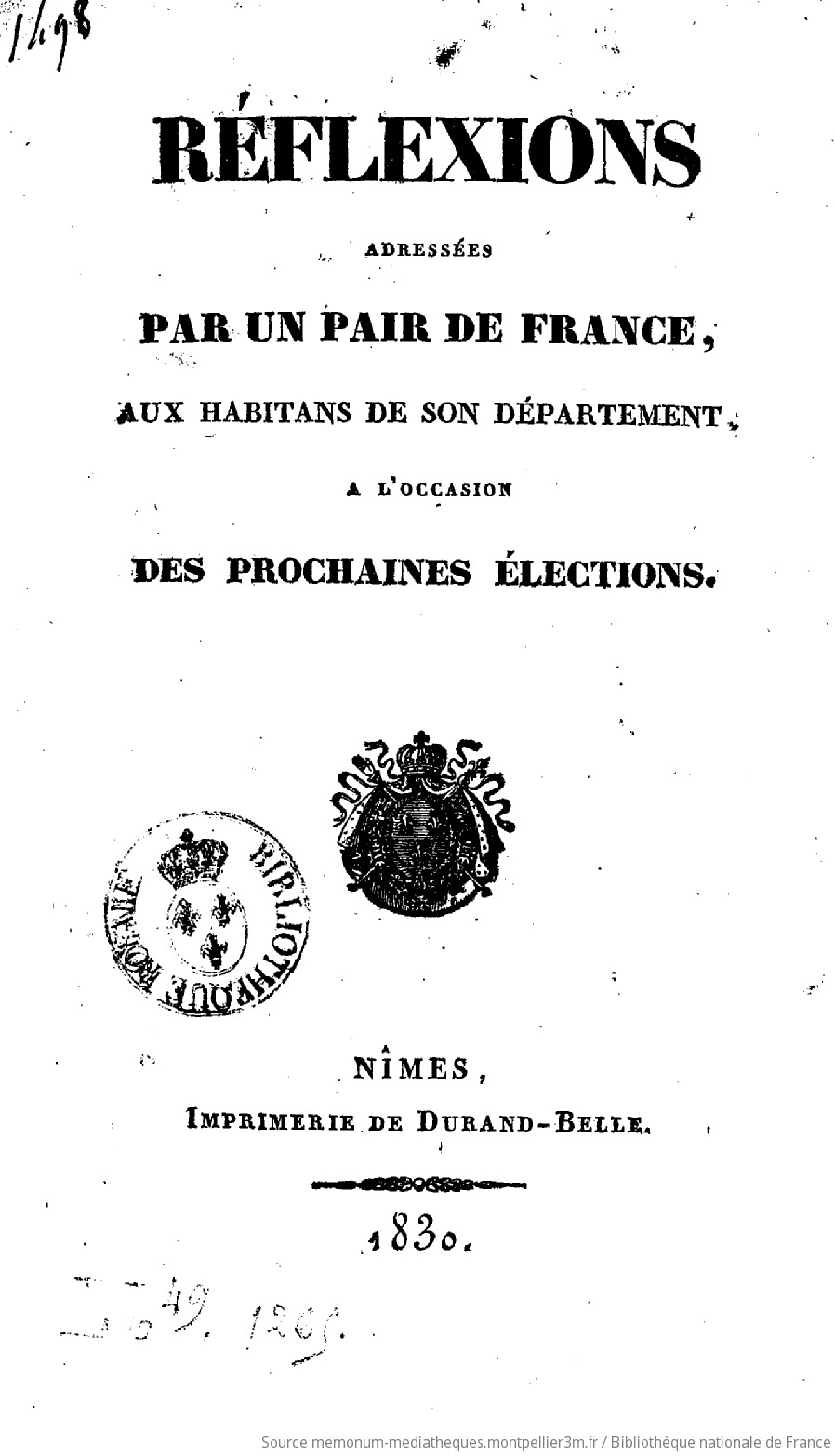 Réflexions adressées par un pair de France, aux habitants de son département, à l'occasion des prochaines élections - vue 2 - page NP