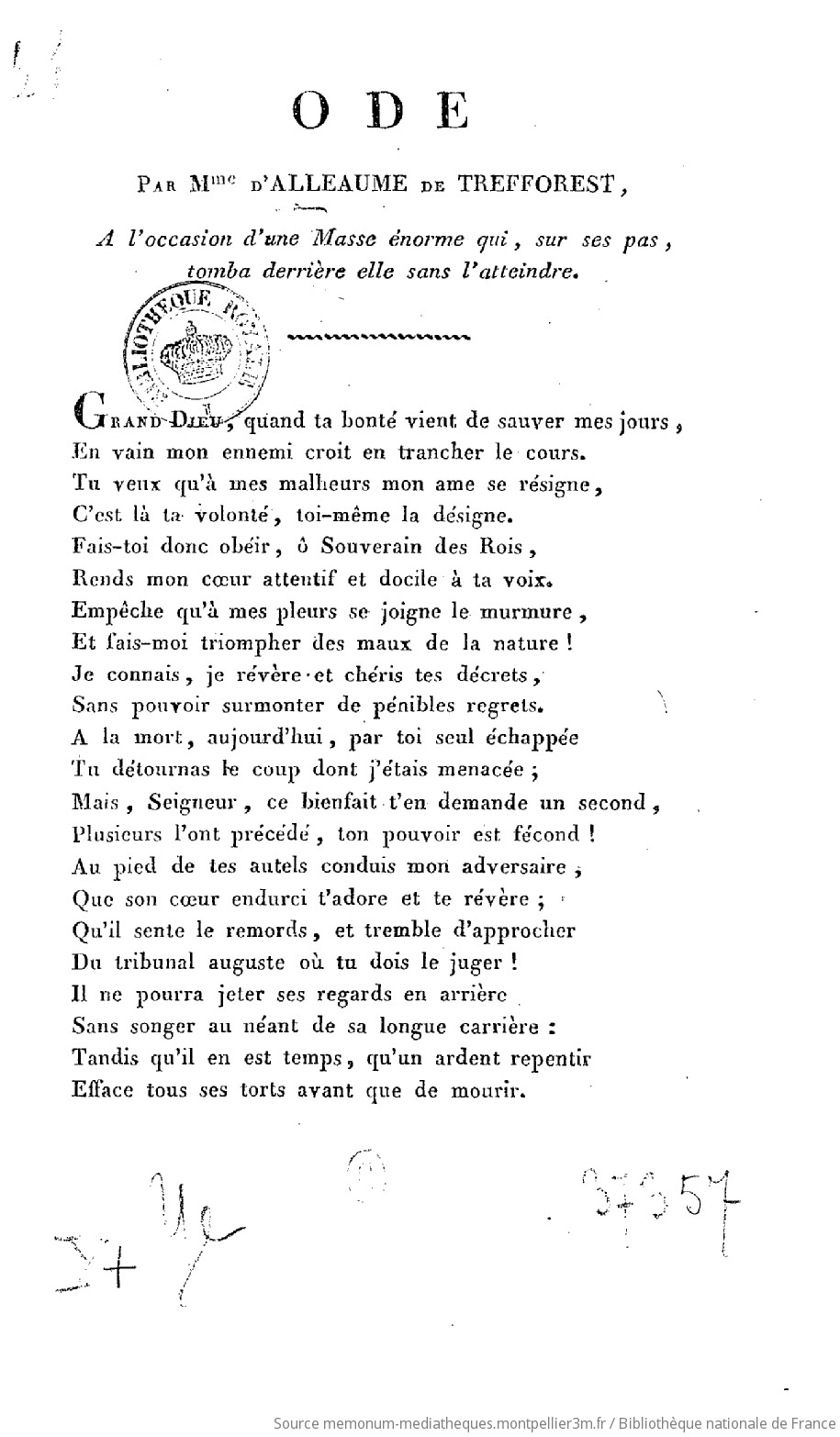 Ode par Mme d'Alleaume de Trefforest à l'occasion d'une masse énorme qui, sur ses pas, tomba derrière elle sans l'atteindre - vue 1 - page NP