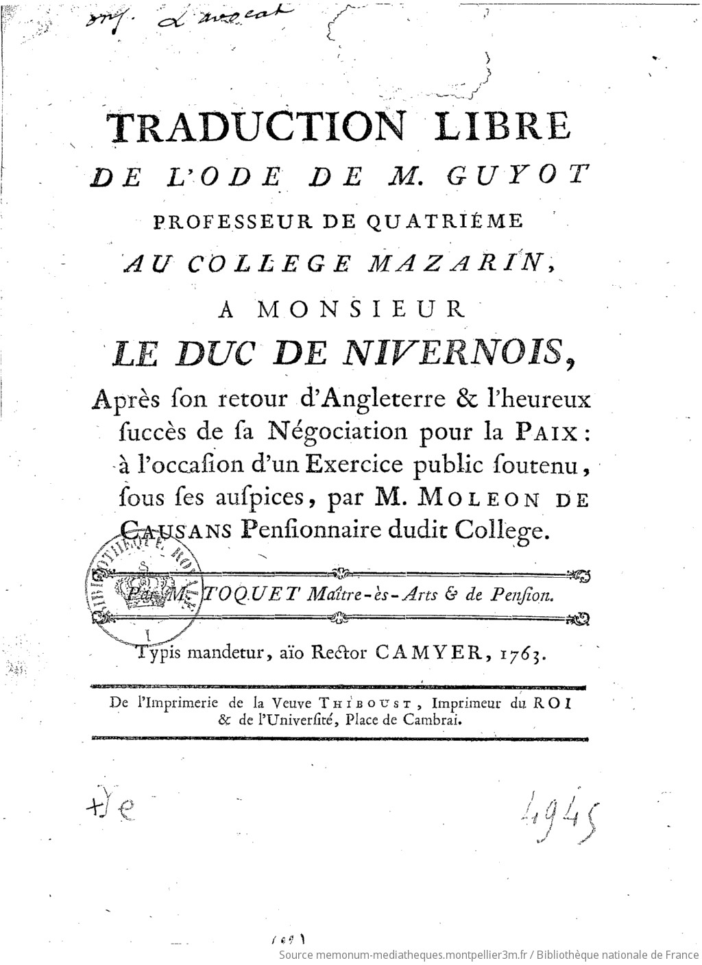 Traduction libre de l'Ode de M. Guyot,... à M. le duc de Nivernois, après son retour d'Angleterre et l'heureux succès de sa négociation pour la paix ... par M. Toquet,... - vue 2 - page NP
