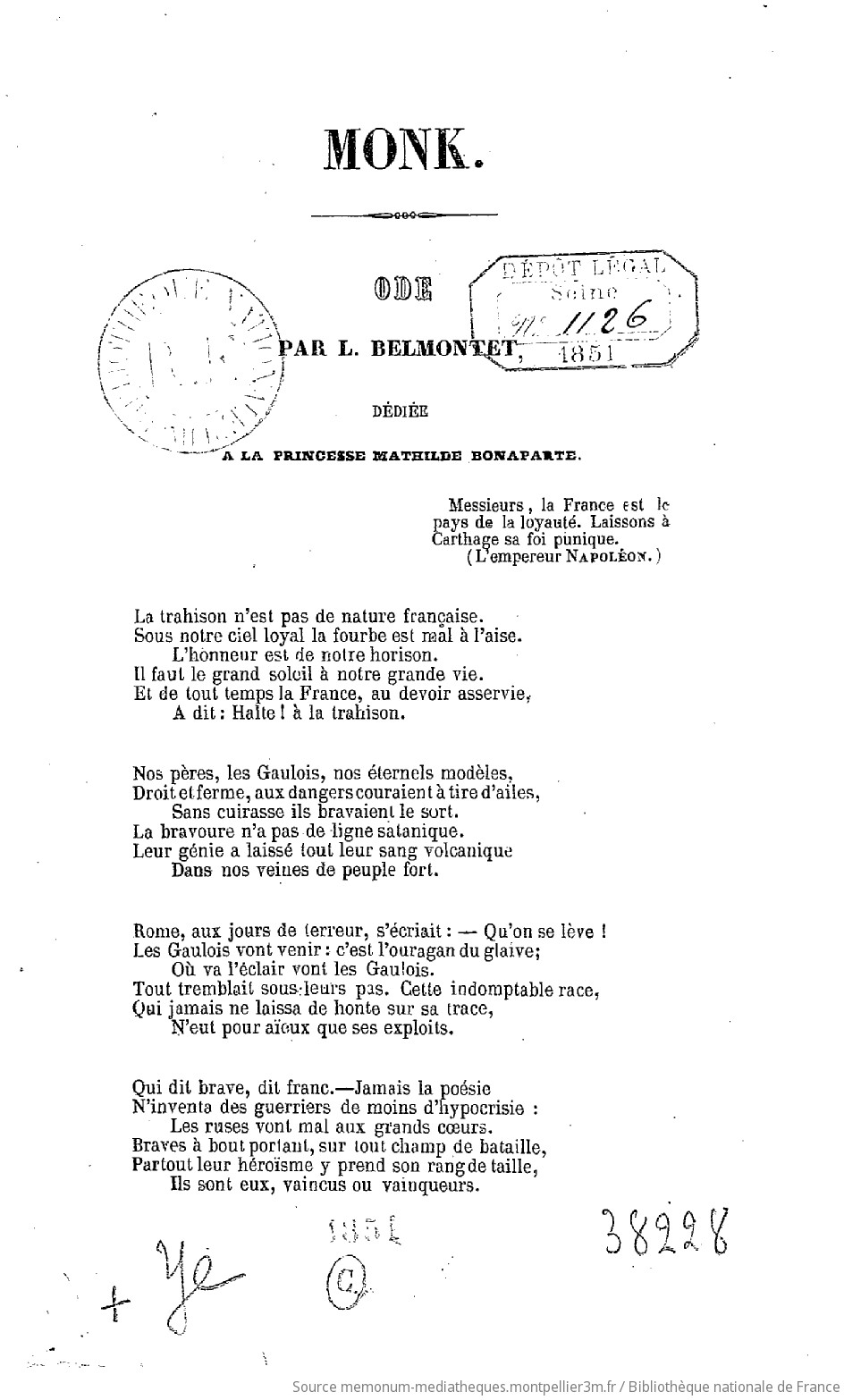 Monk : ode par L. Belmontet, dédiée à la princesse Mathilde Bonaparte - vue 1 - page 1