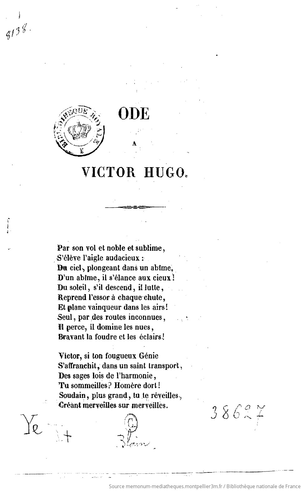 Ode à Victor Hugo ; Ode aux défenseurs de Mazagran / [signé Blain] - vue 1 - page 1