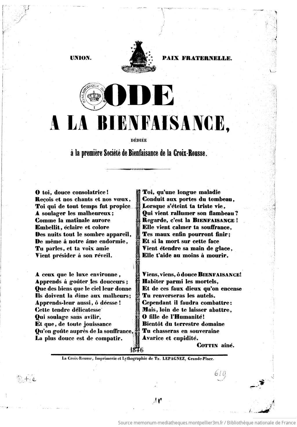 Ode à la bienfaisance : dédiée à la première Société de bienfaisance de la Croix-Rousse / par Cottin aîné - vue 1 - page NP