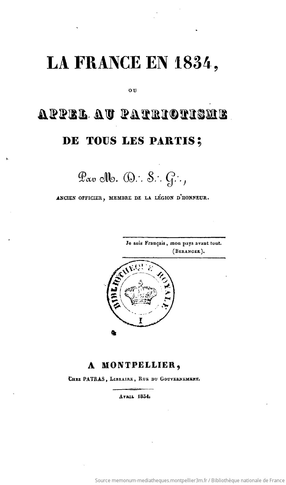 La France en 1834, ou Appel au patriotisme de tous les partis, par M. D @ S @ G @ , ancien officier - vue 4 - page NP