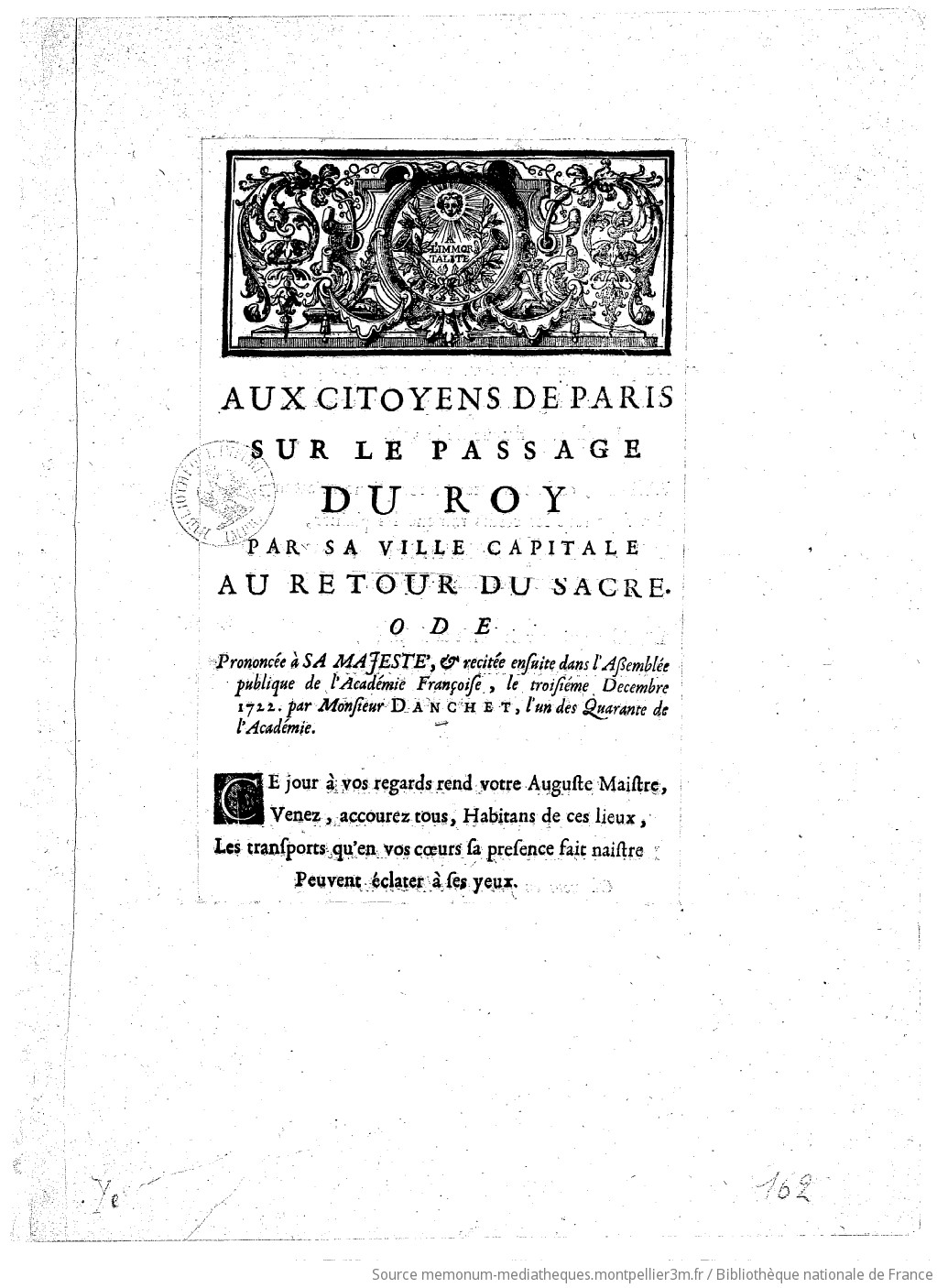 Aux citoyens de Paris sur le passage du Roy par sa ville capitale au retour du sacre . Ode... par M. Danchet,... - vue 1 - page 1