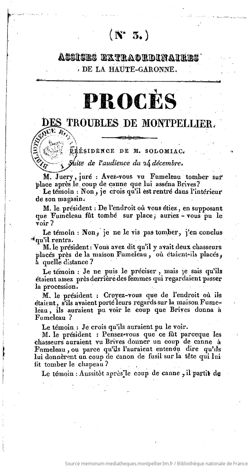 Assises extraordinaires de la Haute-Garonne. Procès des troubles de Montpellier. Numéro 3 / . Présidence de M. Solomiac - vue 1 - page 21