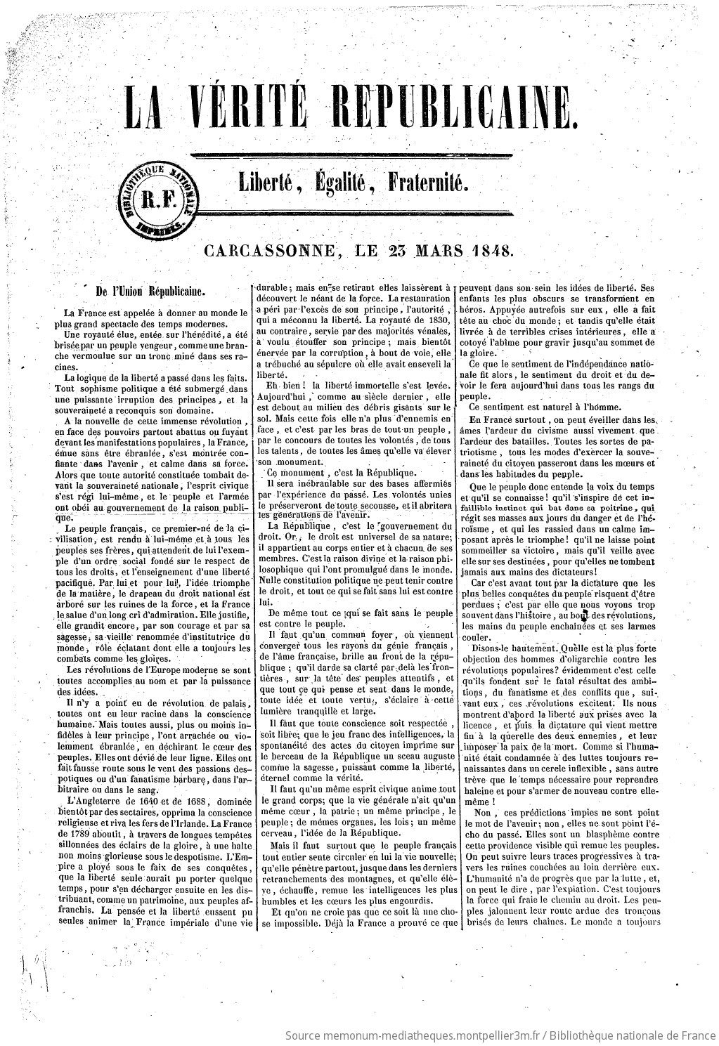 La Vérité républicaine. Liberté, égalité, fraternité. Carcassonne, le 23 mars 1848. (Signé : Jules Deby.) - vue 4 - page NP