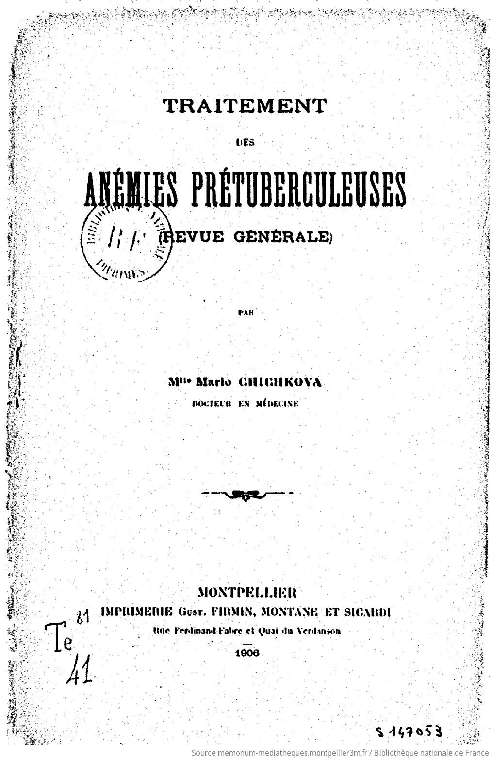 Traitement des anémies prétuberculeuses (revue générale) / par Mlle Marie Chichkova - vue 3 - page NP