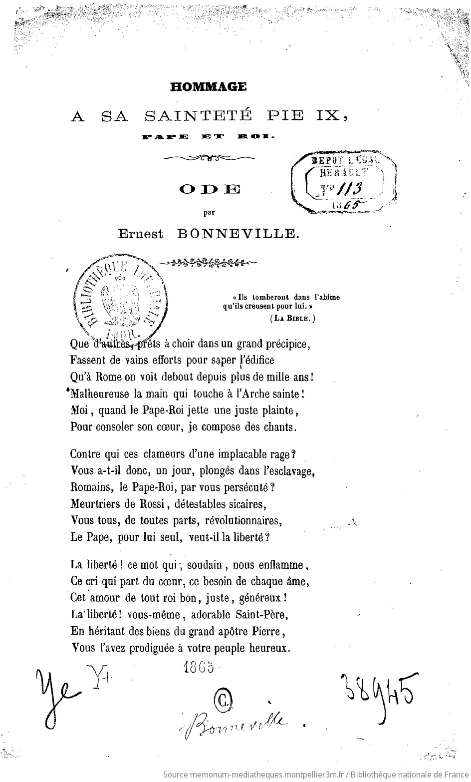 Hommage à Sa Sainteté Pie IX, pape et roi, ode, par Ernest Bonneville - vue 1 - page 1
