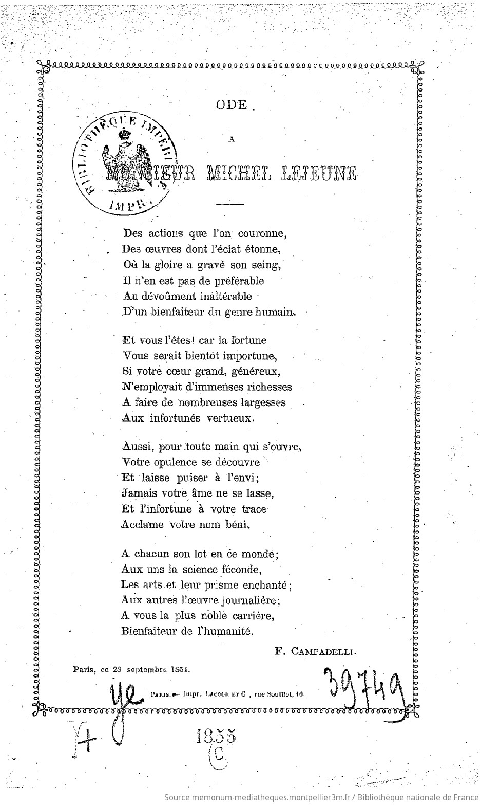 Ode à Monsieur Michel Lejeune. (Signé : F. Campadelli.) - vue 1 - page NP