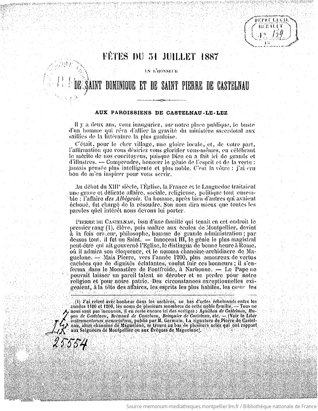 Fêtes du 31 juillet 1887 en l'honneur de Saint Dominique et de Saint Pierre de Castelnau - vue 1 - page 1