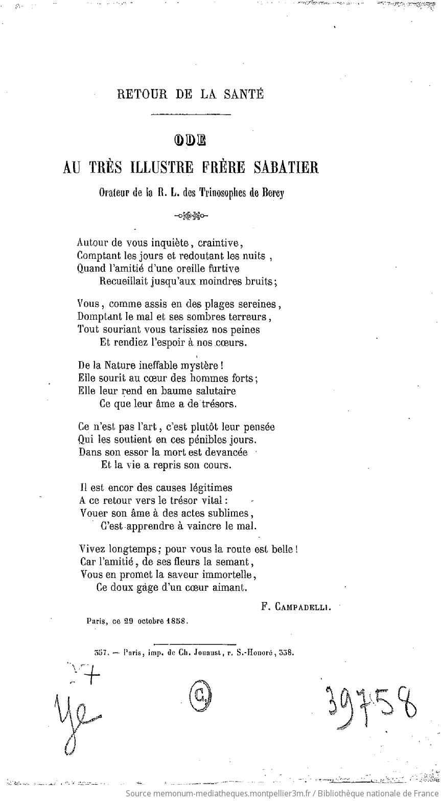 Retour de la santé. Ode au très illustre frère Sabatier, orateur de la R. L. des Trinosophes de Bercy. (Signé : F. Campadelli.) - vue 1 - page NP