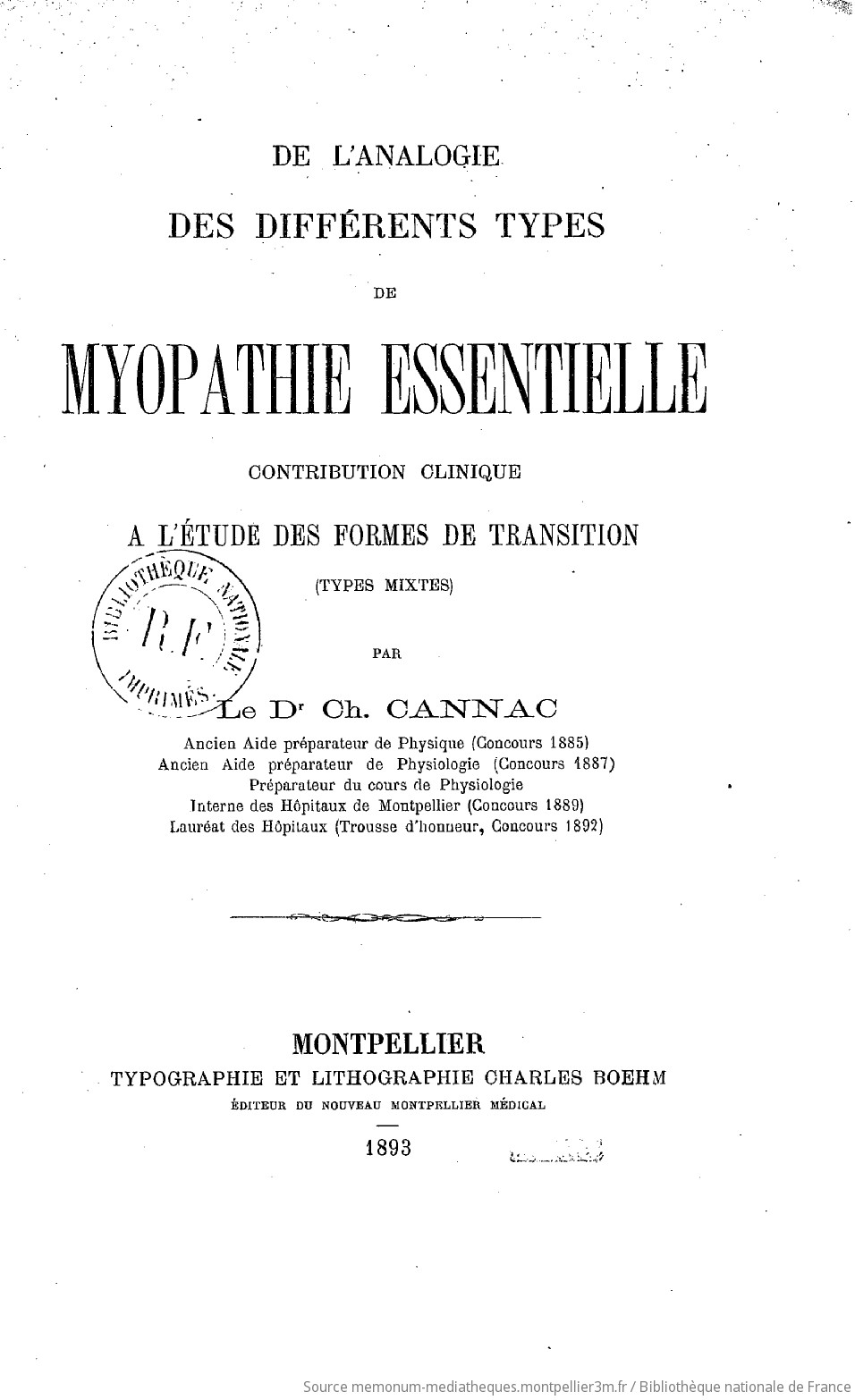 De l'Analogie des différents types de myopathie essentielle, contribution clinique à l'étude des formes de transition (types mixtes), par le Dr Ch. Cannac,... - vue 5 - page NP