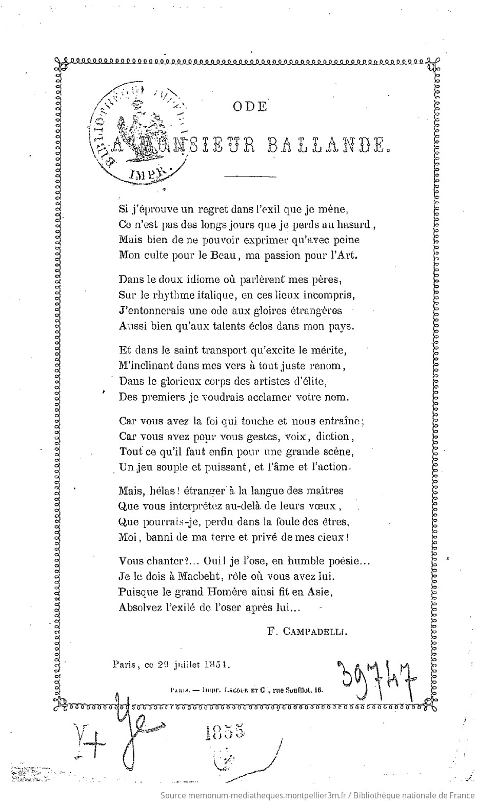 Ode à Monsieur Ballande. (Signé : F. Campadelli.) - vue 1 - page NP