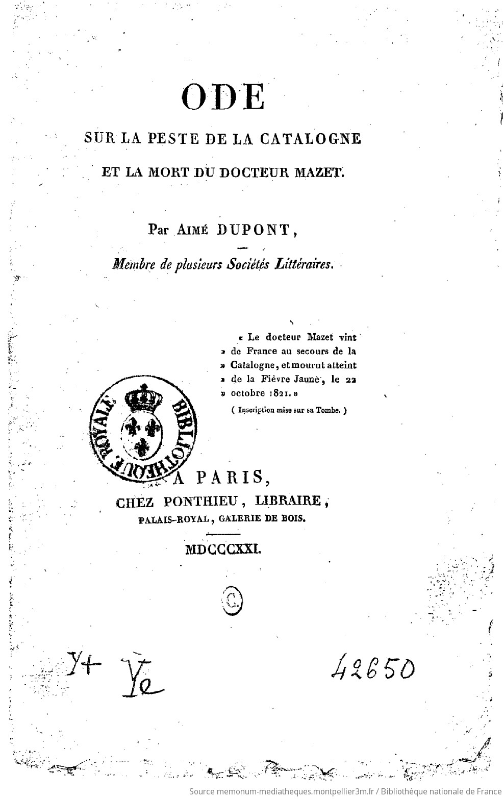 Ode sur la peste de la Catalogne et la mort du docteur Mazet, par Aimé Dupont,... - vue 3 - page NP