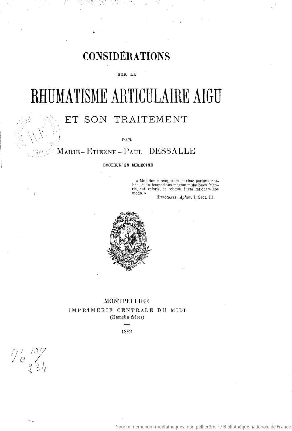 Considérations sur le rhumatisme articulaire aigu et son traitement, par Marie-Étienne-Paul Dessalle,... - vue 4 - page NP