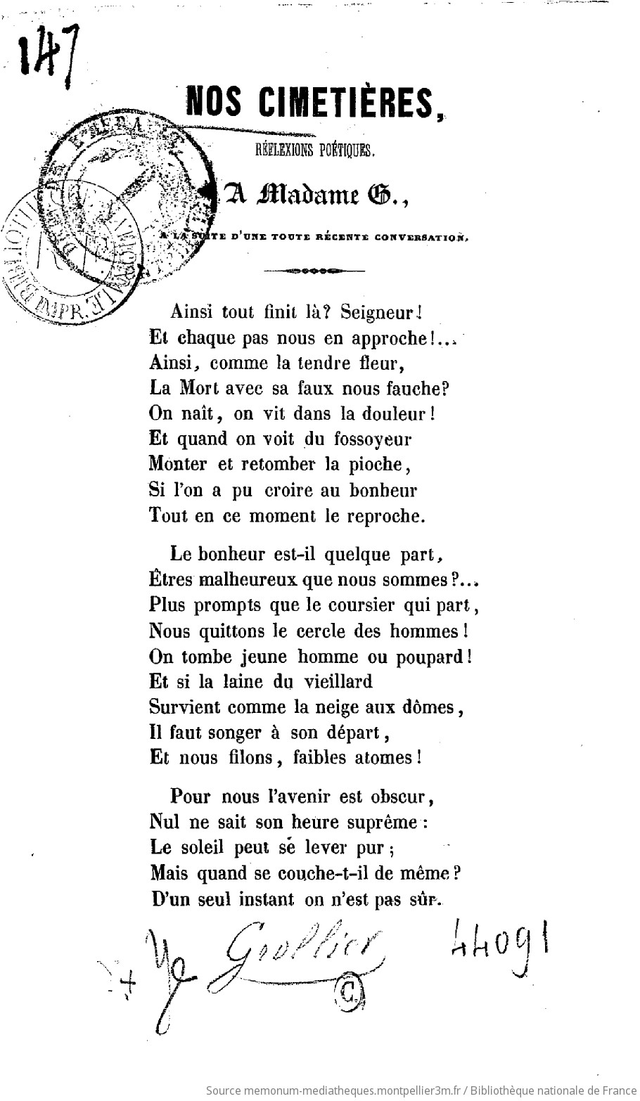 Nos cimetières, réflexions poétiques... [Signé : Pierre Grollier. Septembre 1852.] - vue 1 - page 1