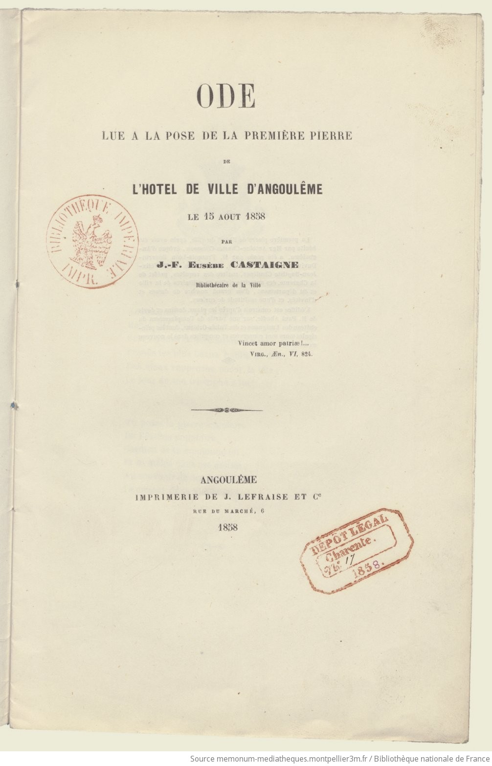 Ode lue à la pose de la première pierre de l'hôtel de ville d'Angoulême le 15 août 1858 / par J.-F. Eusèbe Castaigne,... - vue 3 - page NP