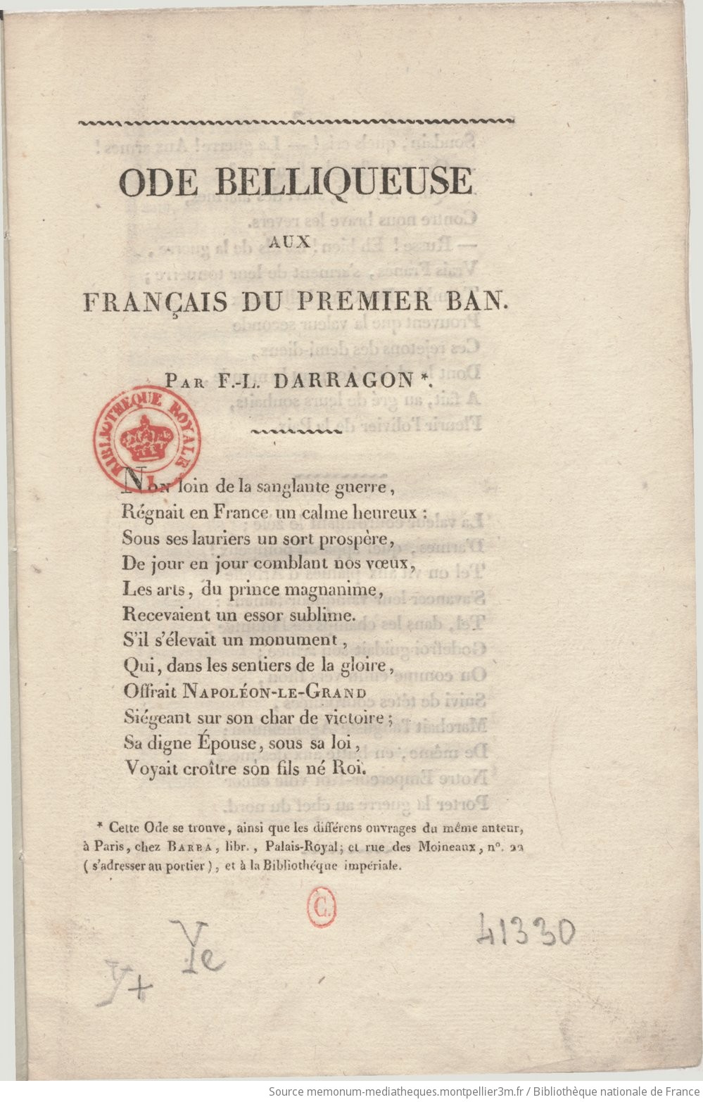 Ode belliqueuse aux Français du premier ban , par F.-L. Darragon - vue 3 - page 1