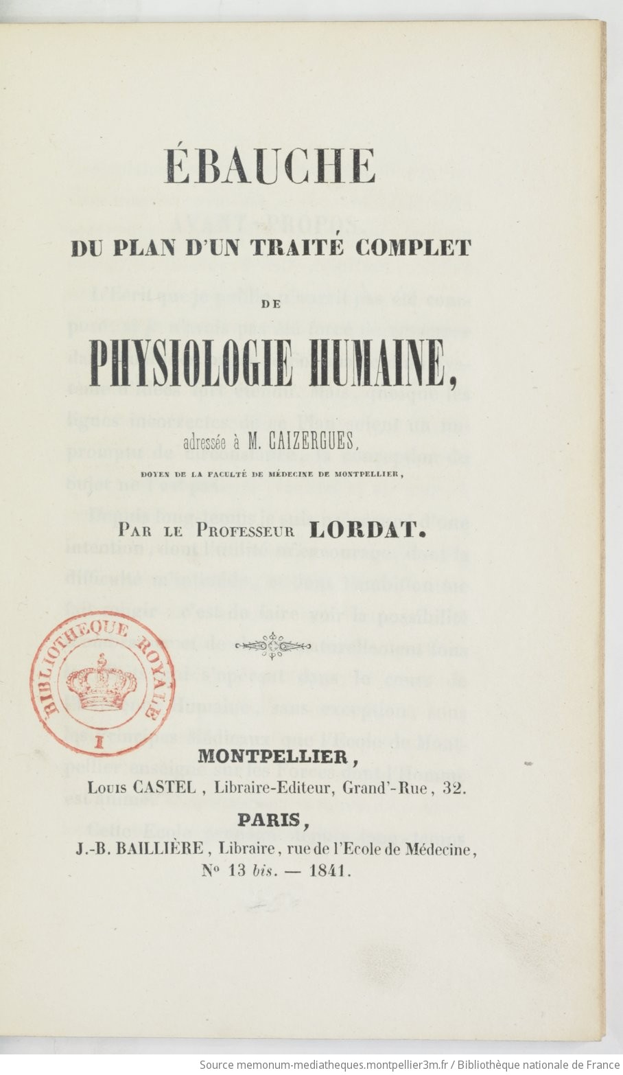 Ébauche du plan d'un traité complet de physiologie humaine adressée à M. Caizergues,... / par le professeur Lordat - vue 9 - page NP