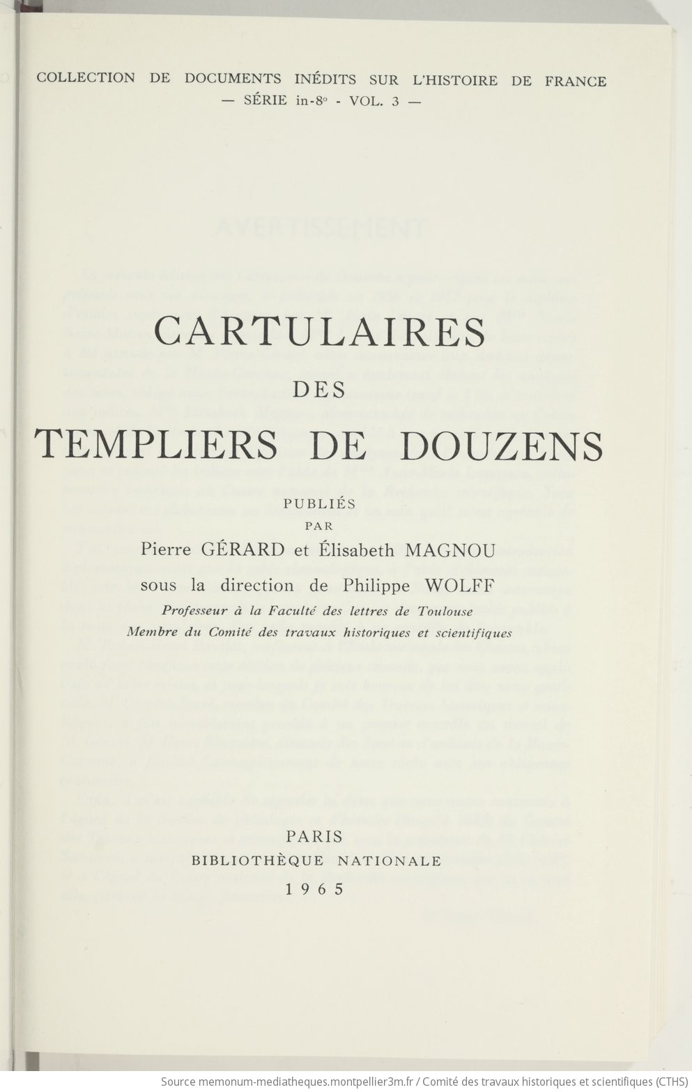 Cartulaires des Templiers de Douzens / publiés par Pierre Gérard et Elisabeth Magnou sous la direction de Philippe Wolff,... - vue 9 - page NP