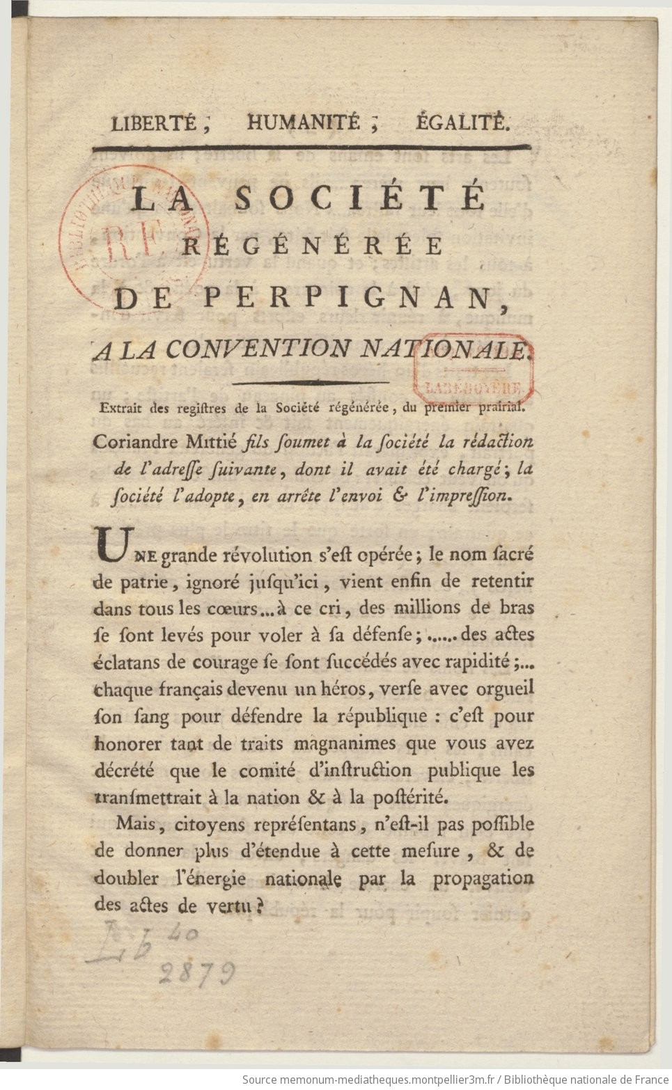 Société régénérée de Perpignan à la Convention nationale. (1er prairial an II.) - vue 5 - page 1