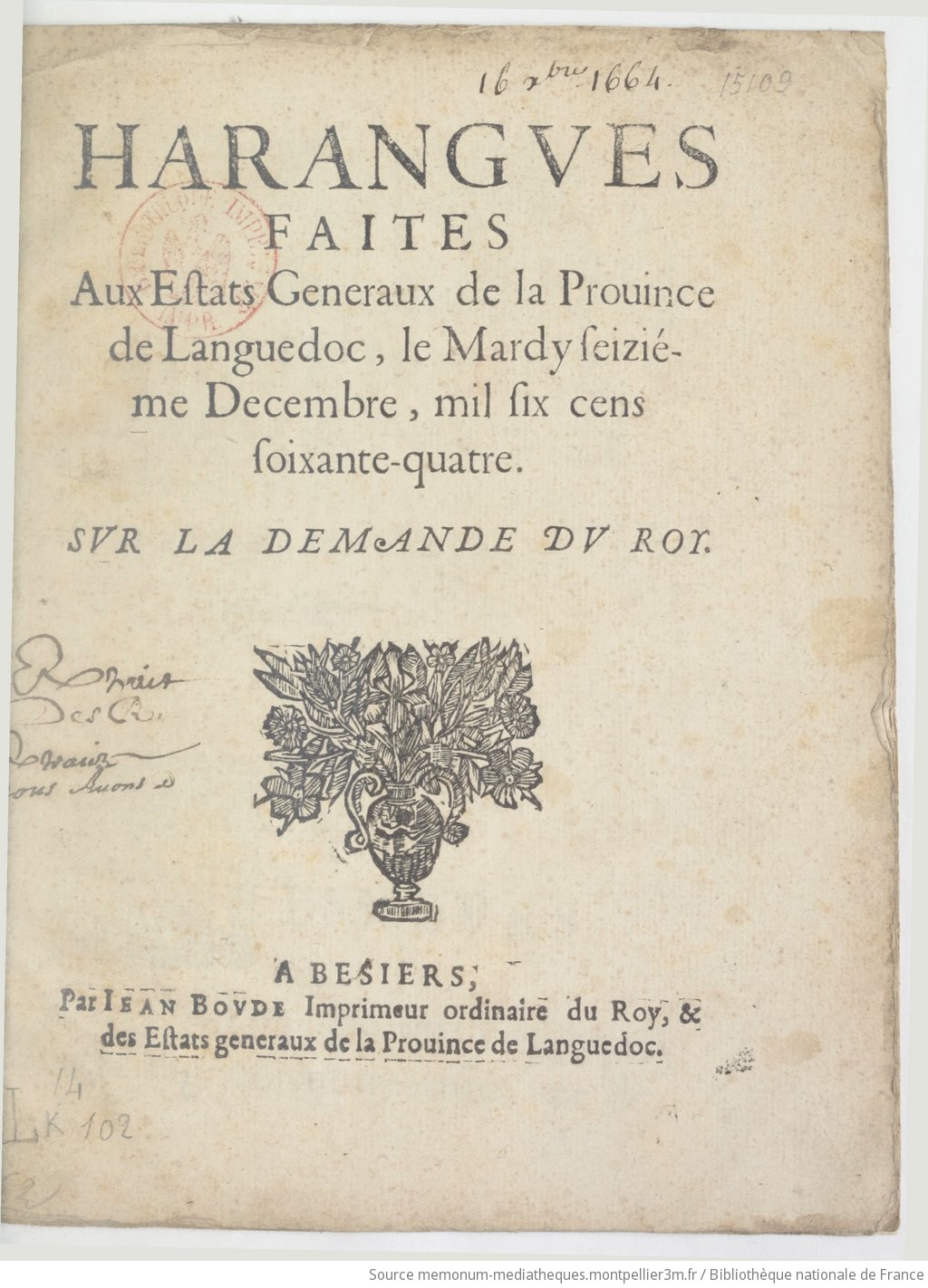 Harangues faites aux États généraux de la province de Languedoc, le mardi 16e décembre 1664, sur la demande du roi - vue 5 - page NP