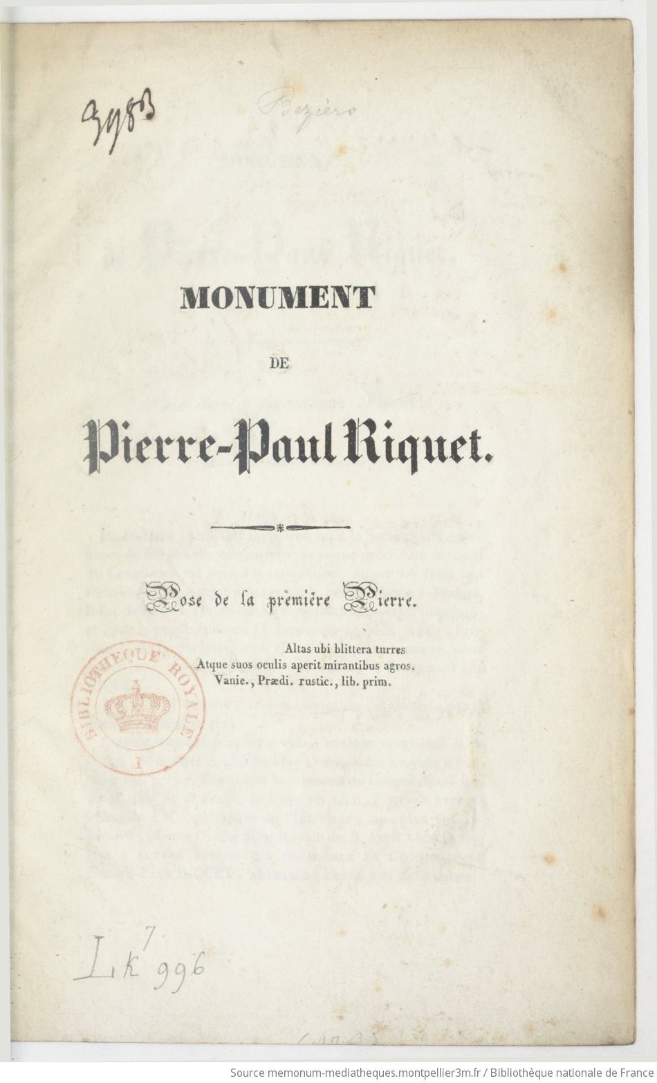Monument de Pierre-Paul Riquet : pose de la première pierre - vue 5 - page NP