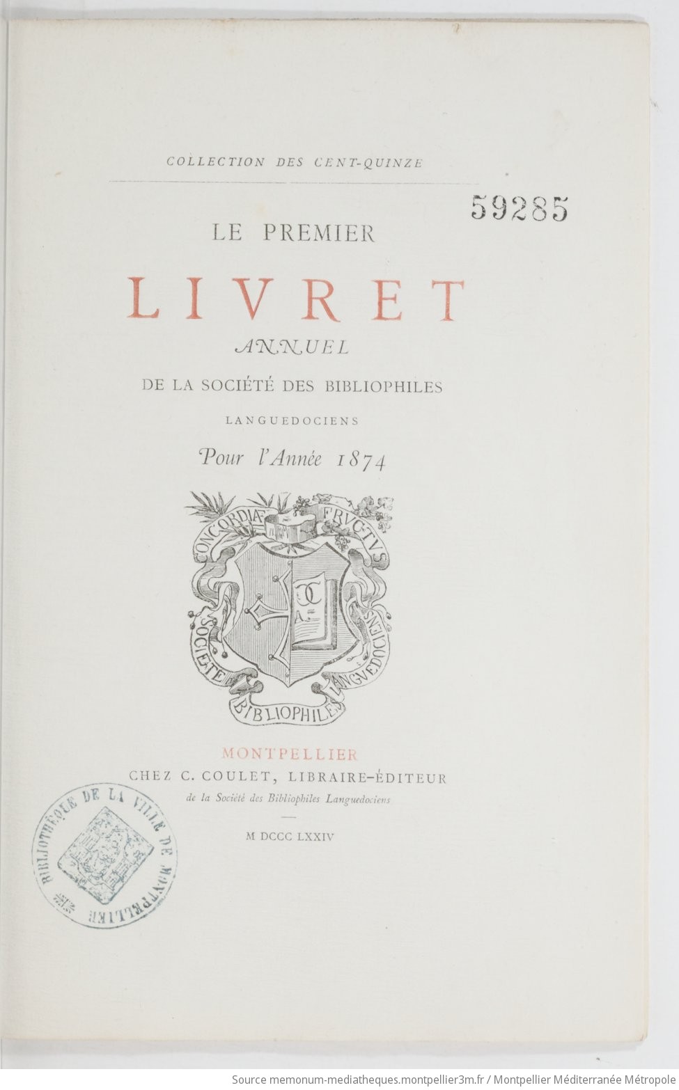 Le premier livret annuel de la société des bibliophiles languedociens pour l'année 1874 - vue 5 - page NP