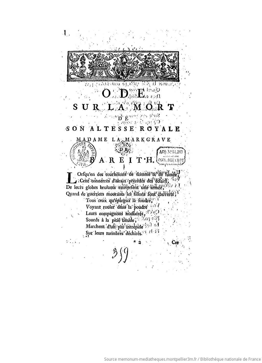 Ode sur la mort de Son Altesse Royale Madame la markgrave de Bareith - vue 4 - page 3