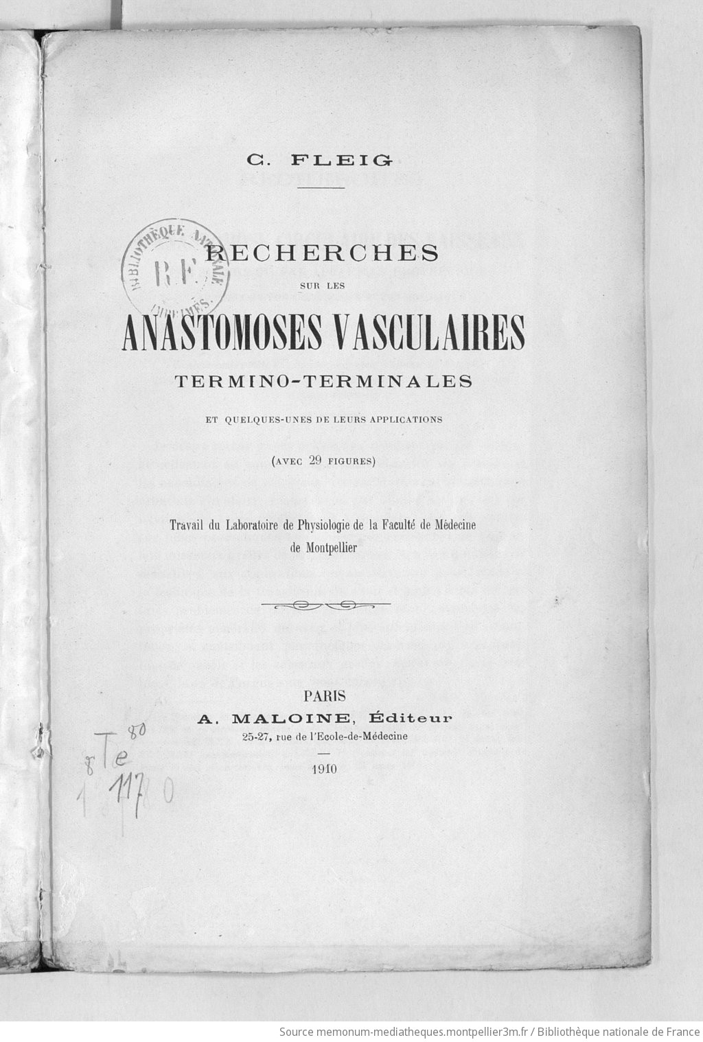 Recherches sur les anastomoses vasculaires termino-terminales et quelques-unes de leurs applications... / C. Fleig - vue 9 - page NP